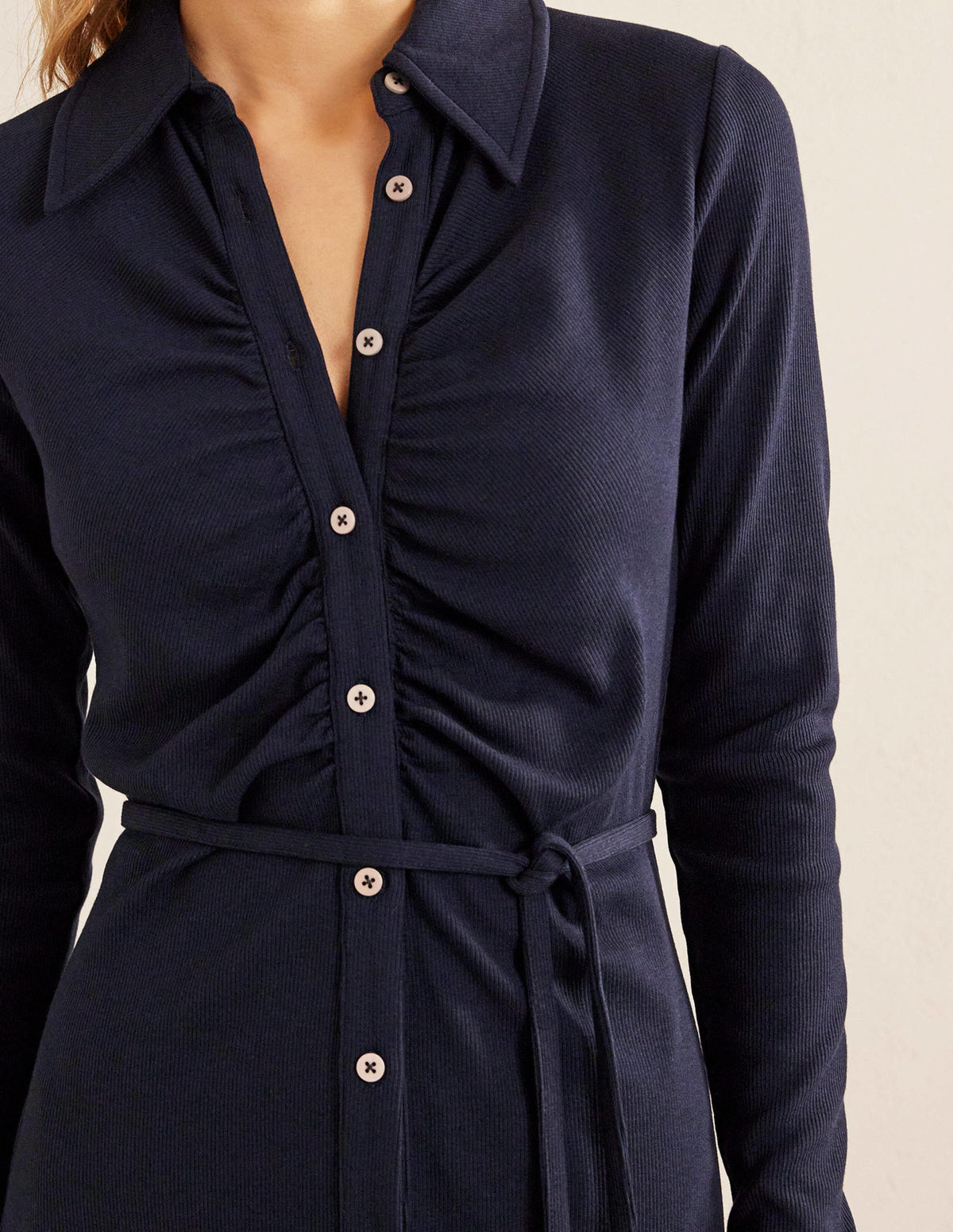 Jersey Ribbed Midi Shirt Dress-Navy - Image 2
