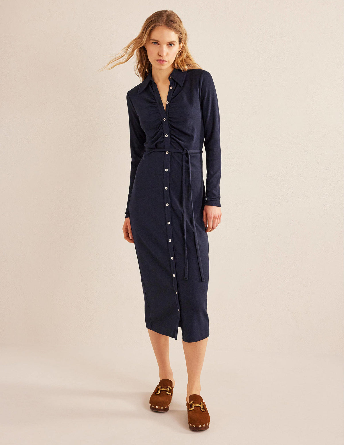 Jersey Ribbed Midi Shirt Dress-Navy-4