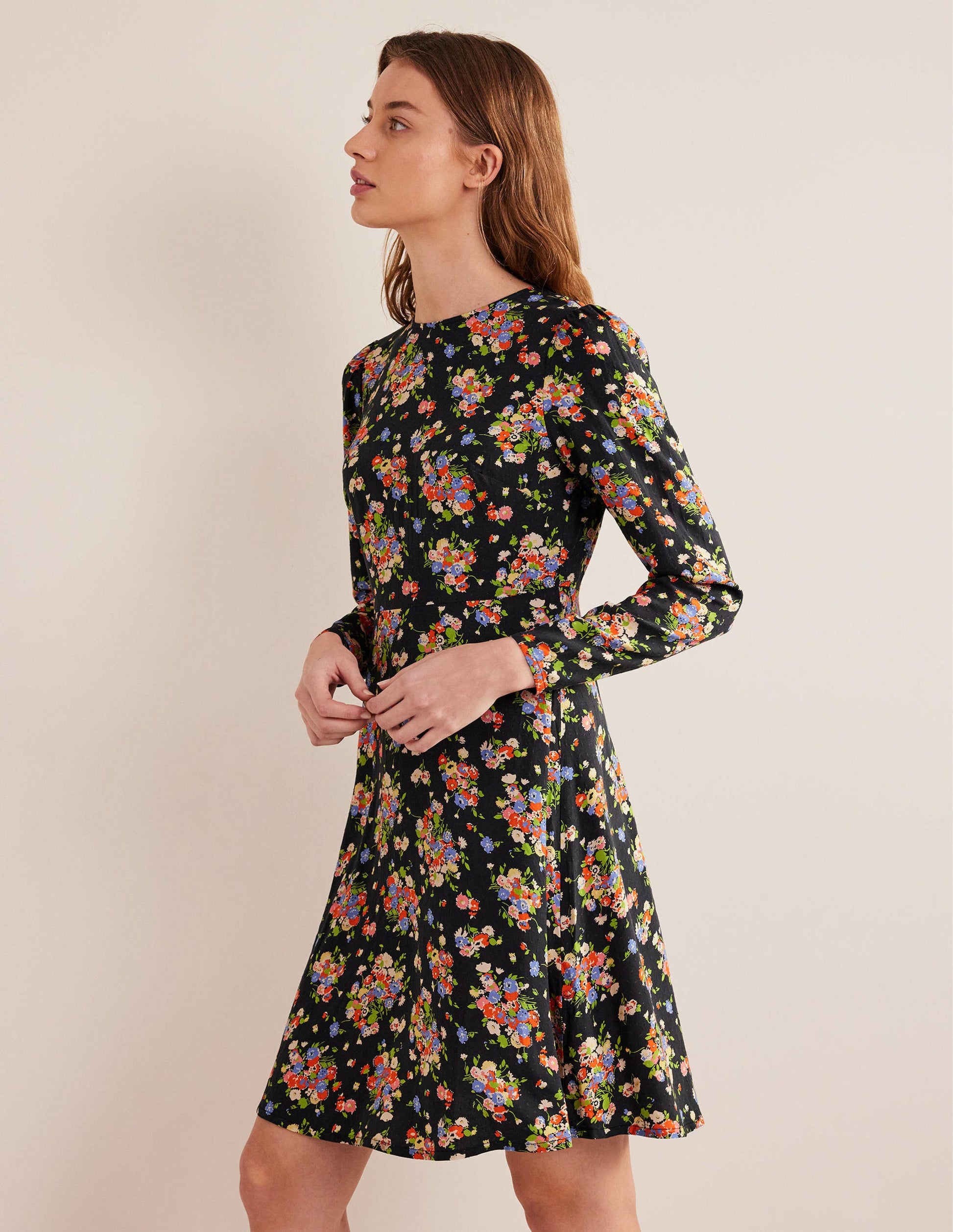 Crew Neck Fit-and-Flare Dress-Black, Wild Cluster-1