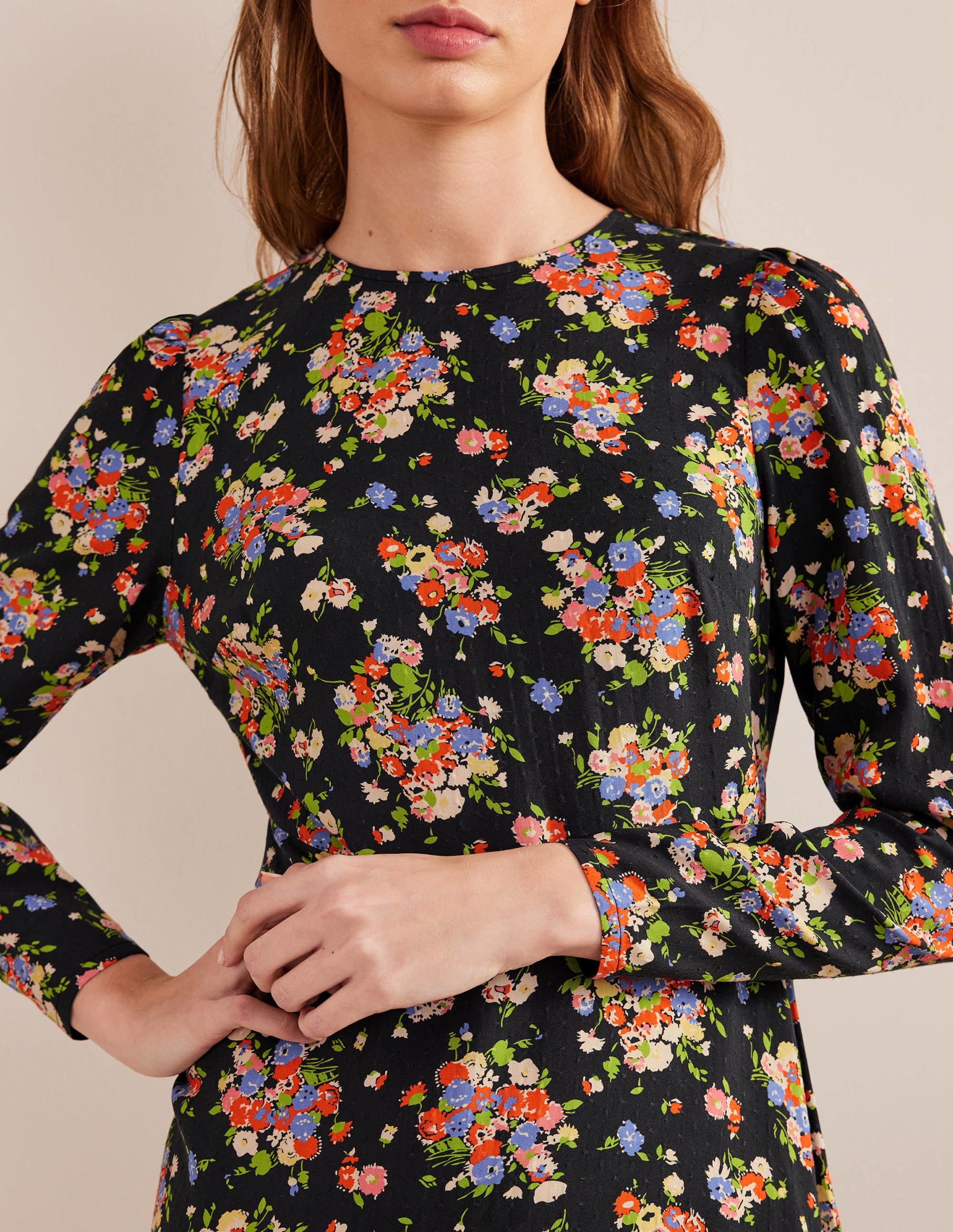 Crew Neck Fit-and-Flare Dress-Black, Wild Cluster - Image 2