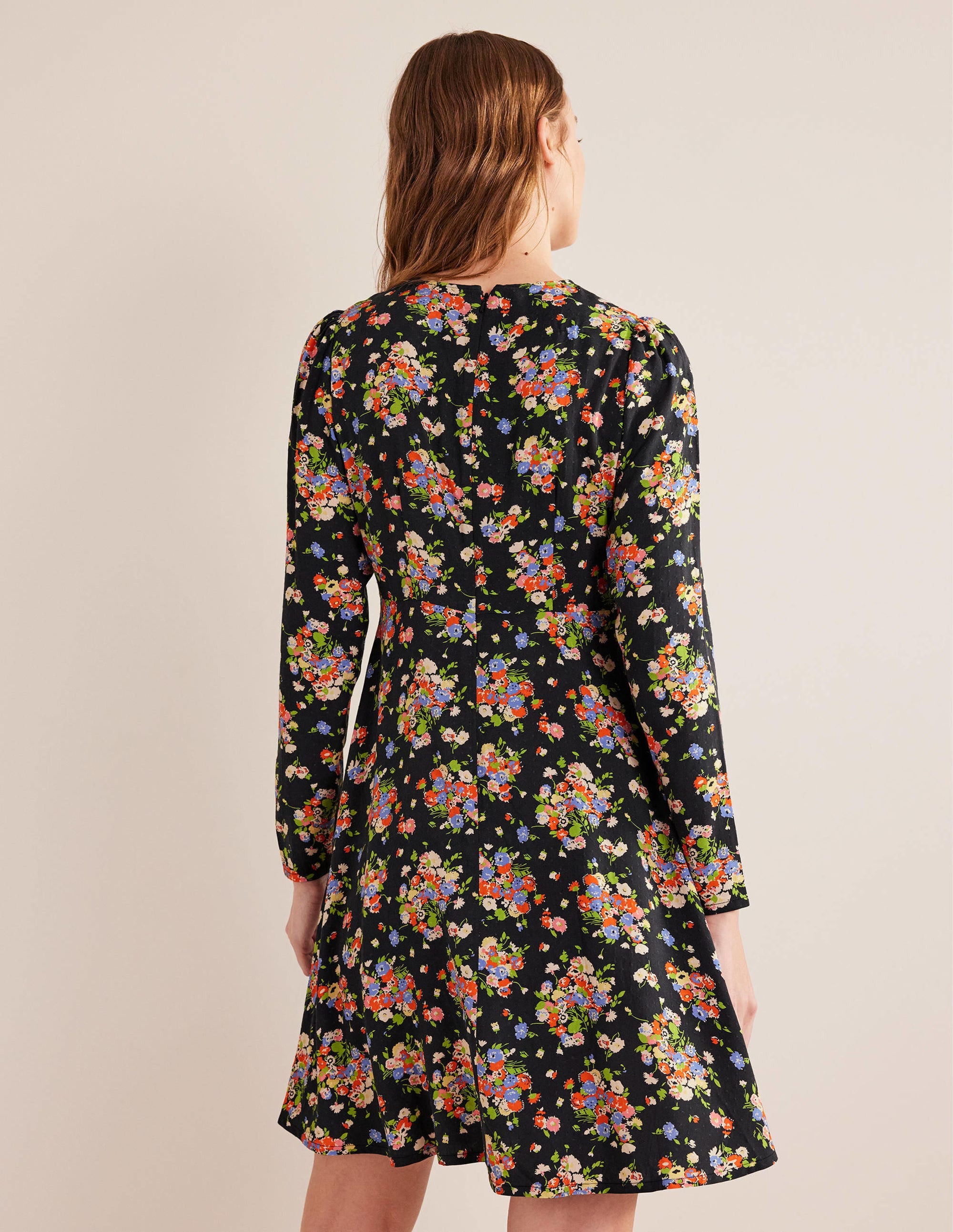 Crew Neck Fit-and-Flare Dress-Black, Wild Cluster - Image 3