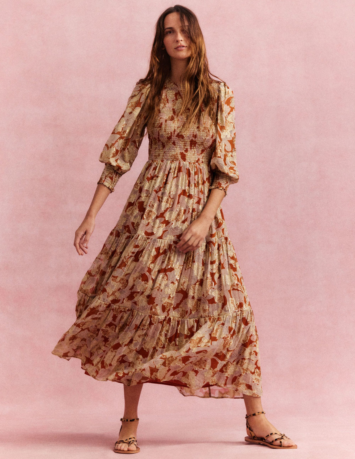 Smocked Metallic Maxi Dress-Rust, Paisley Whirl-5