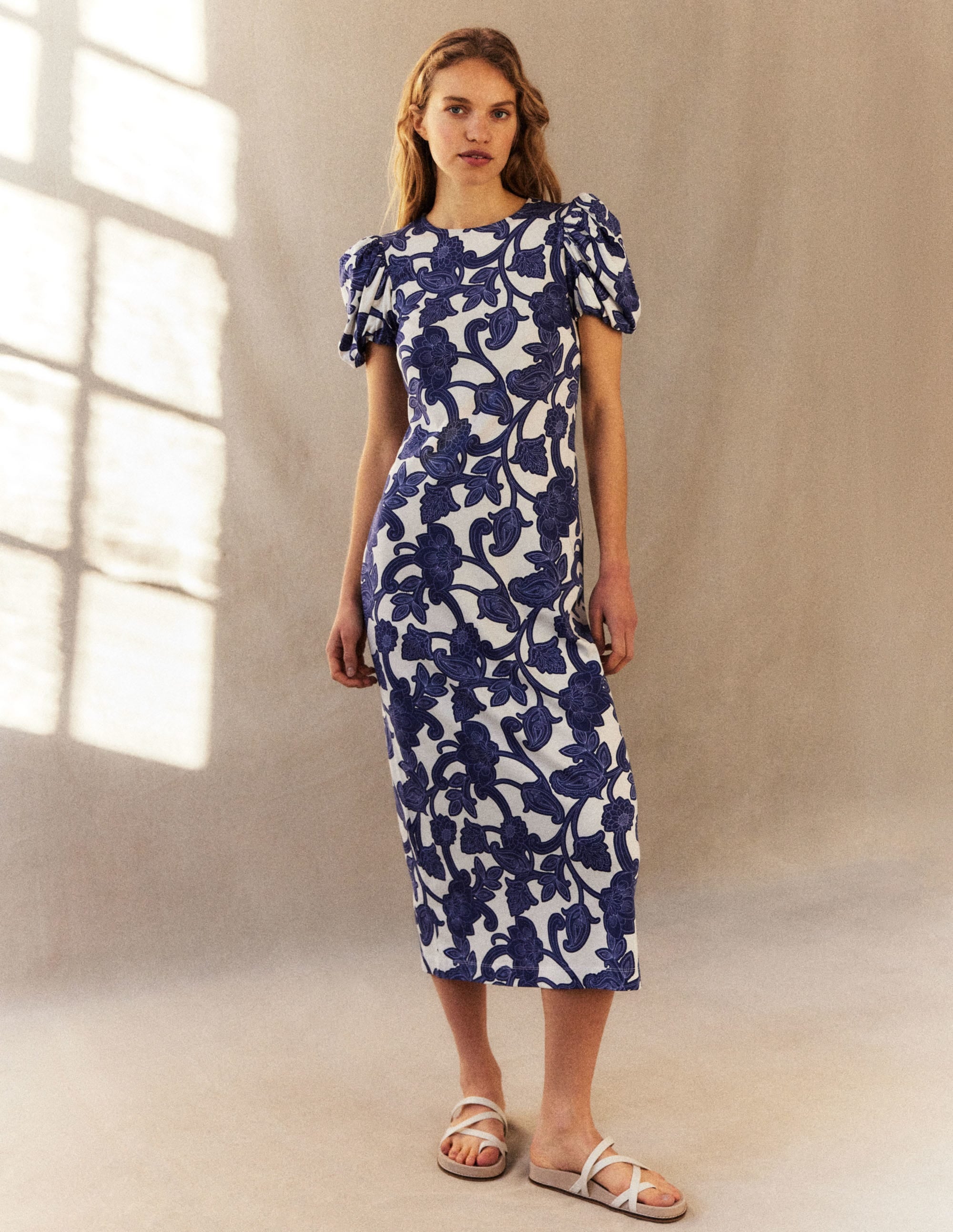 Puff Sleeve Jersey Midi Dress-Blue Ribbon, Paisley Whirl - Image 6