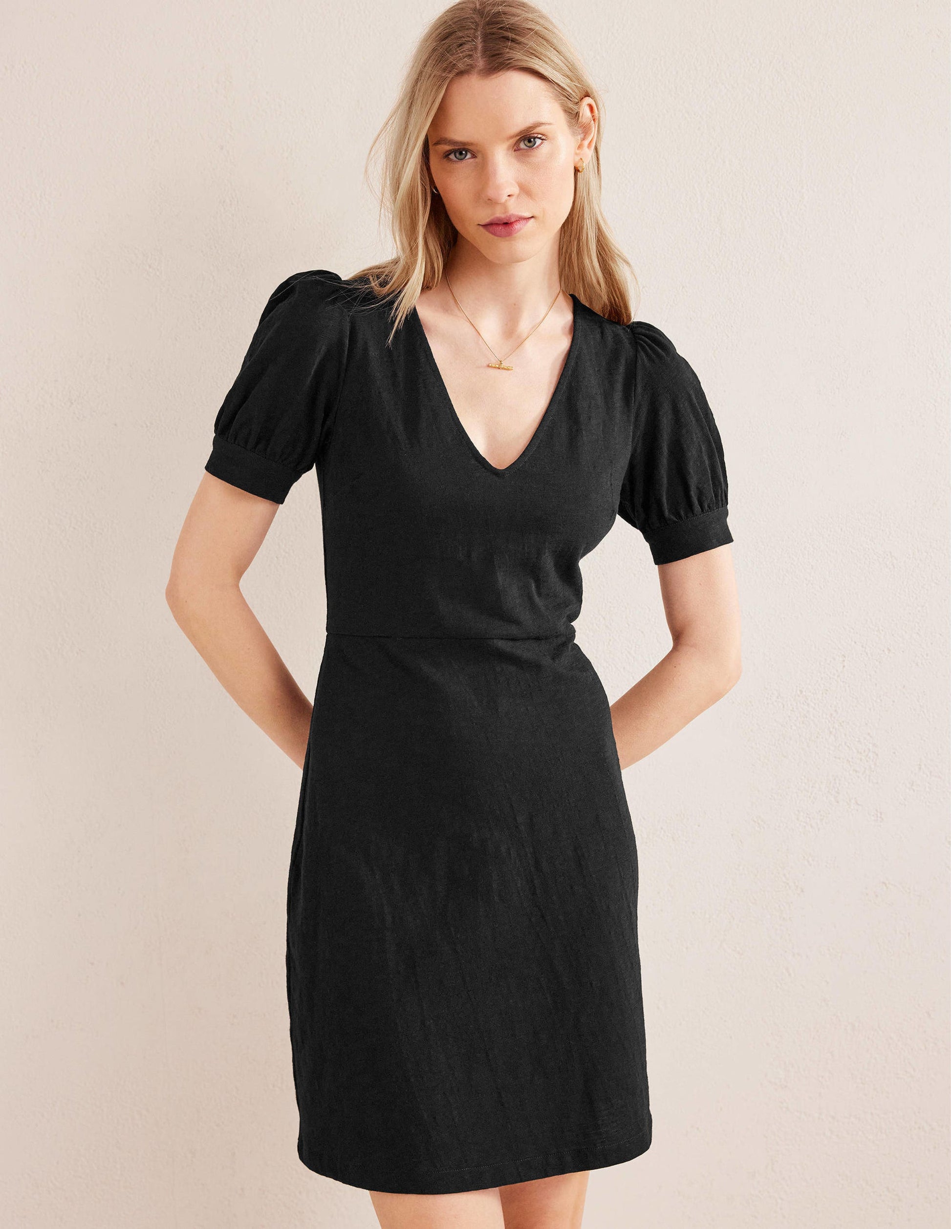 V-Neck Jersey Mini Dress-Black-1