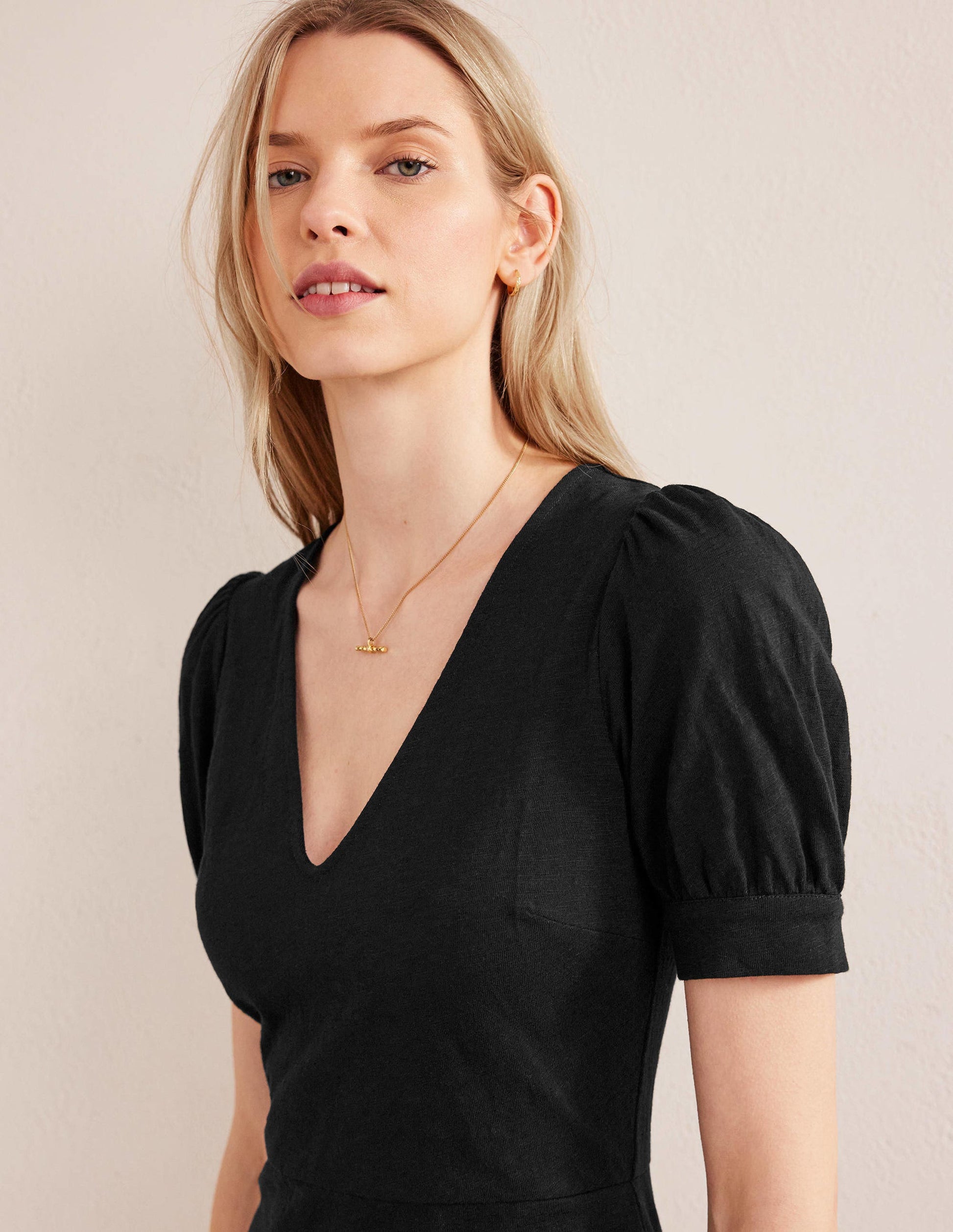 V-Neck Jersey Mini Dress-Black-2