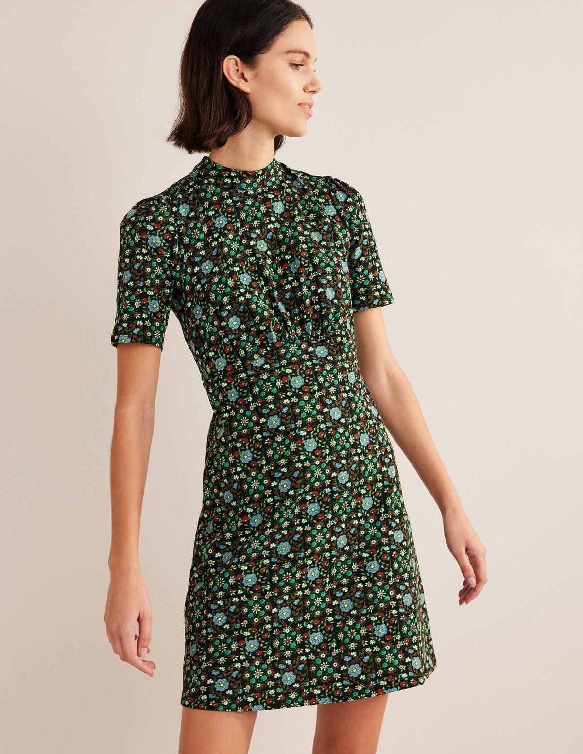 Jersey Mini Dress-Black, Gardenia Swirl - Image 1