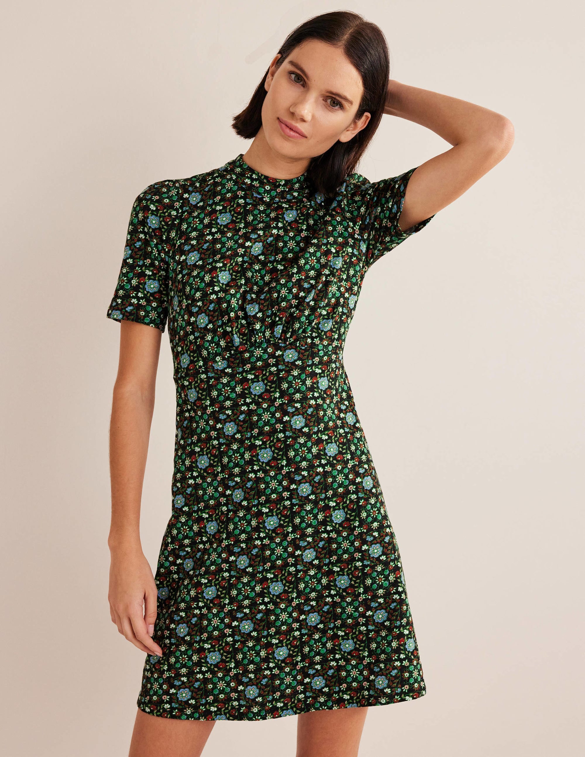 Jersey Mini Dress-Black, Gardenia Swirl - Image 5