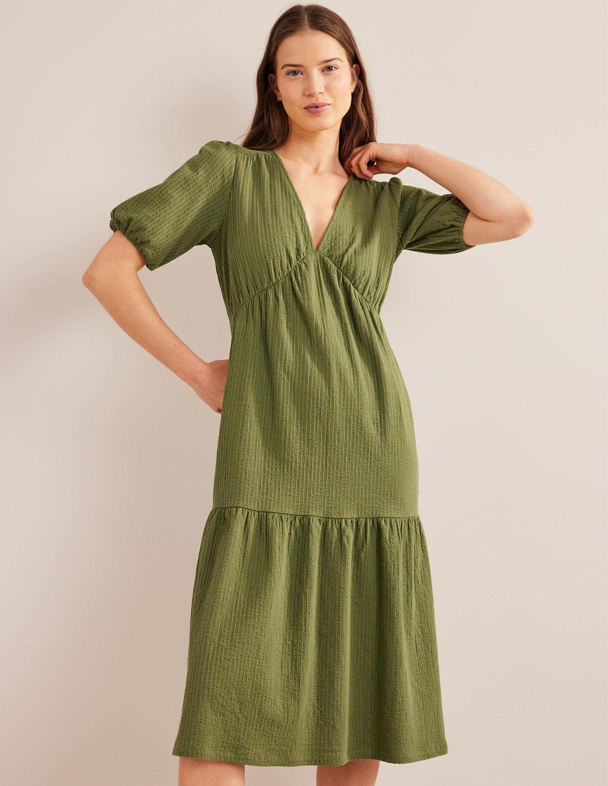 Jersey Seersucker Midi Dress-Washed Khaki-1