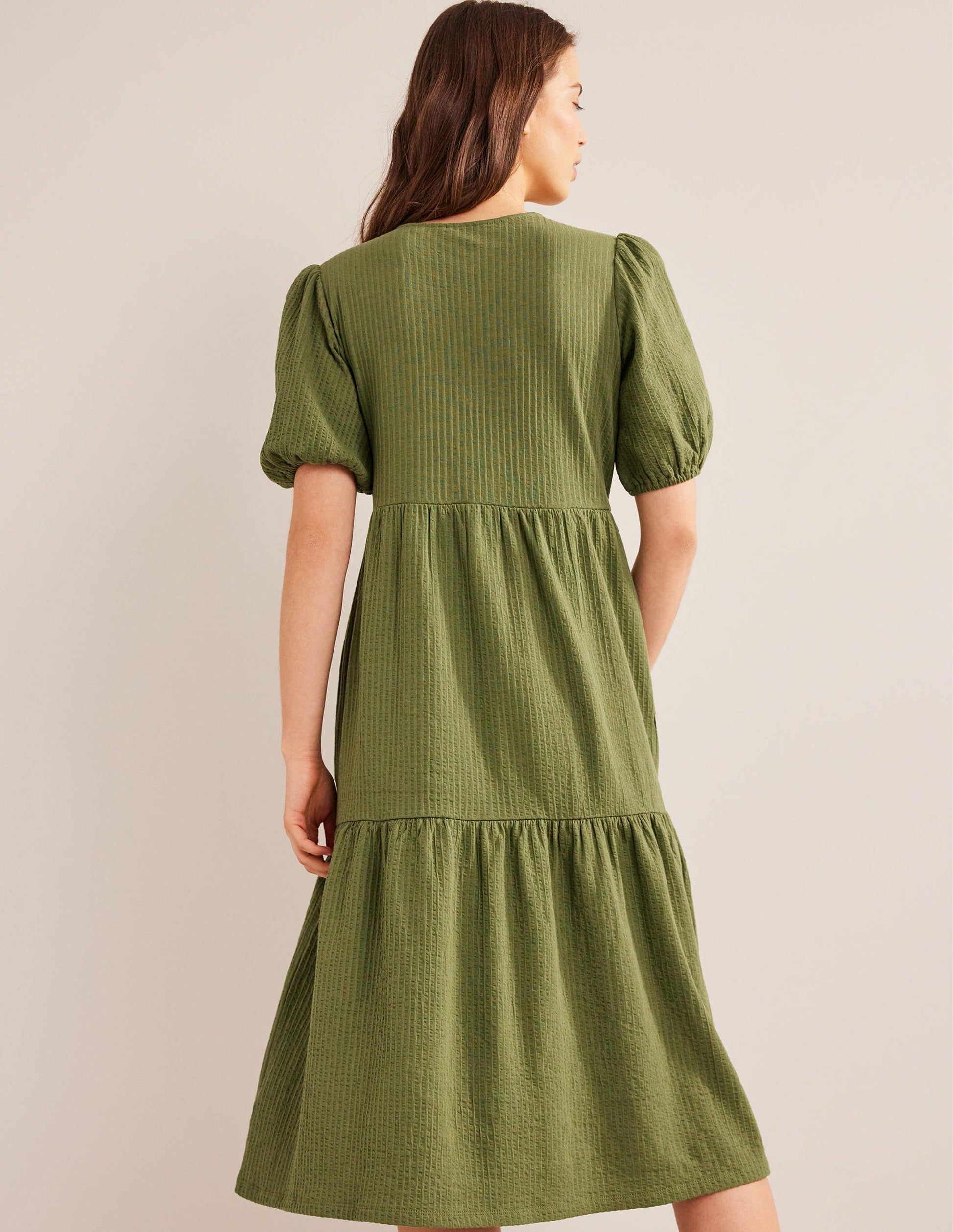Jersey Seersucker Midi Dress-Washed Khaki-3