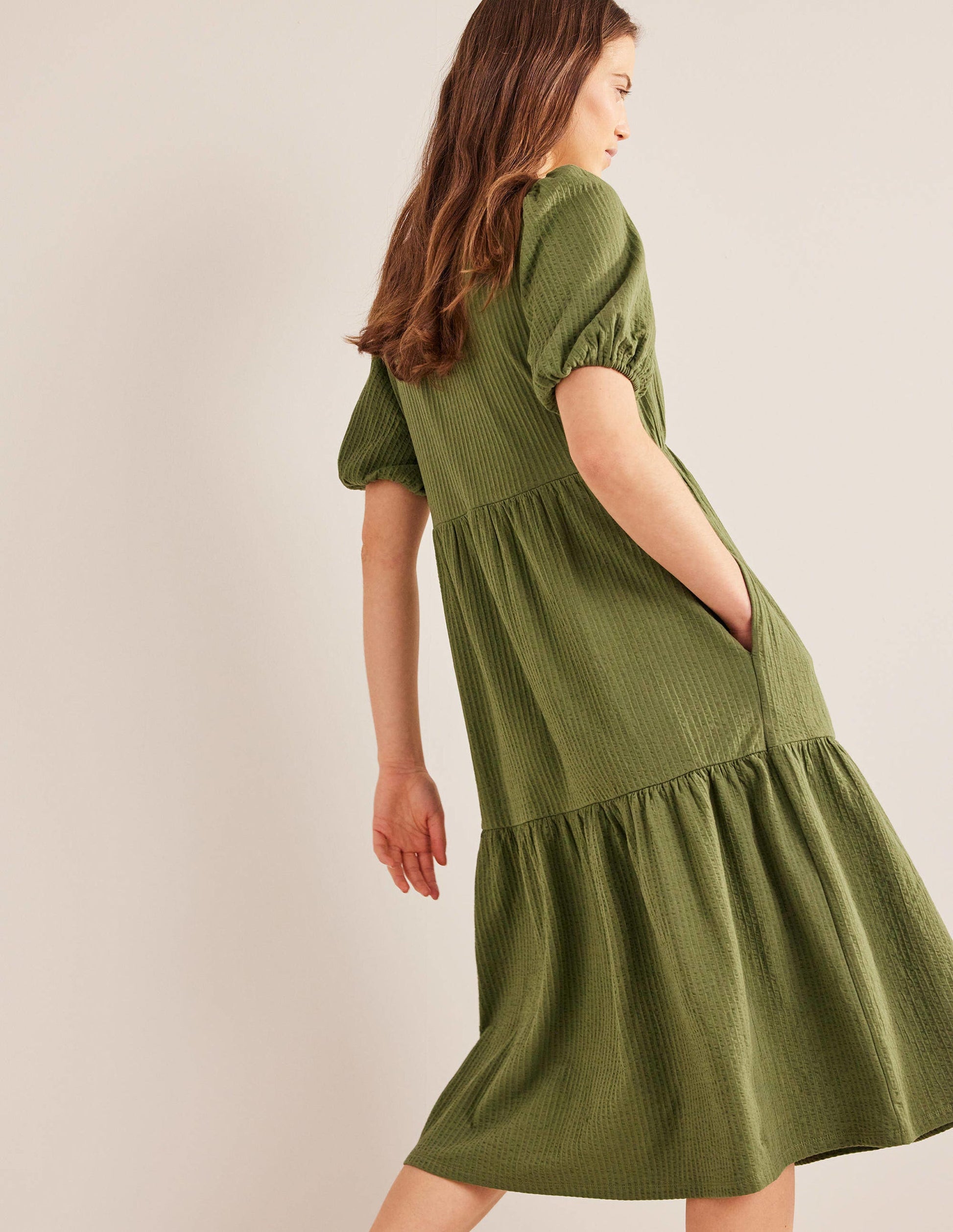 Jersey Seersucker Midi Dress-Washed Khaki-4