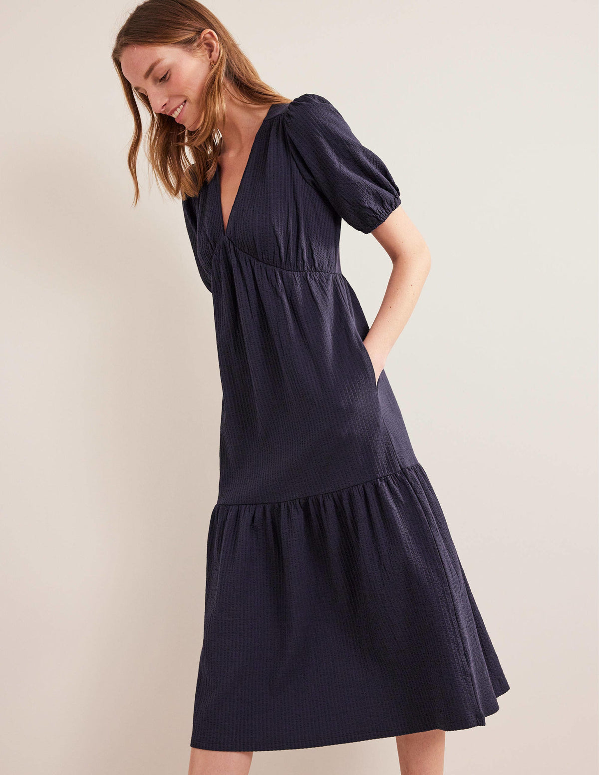 Jersey Seersucker Midi Dress-Navy-1