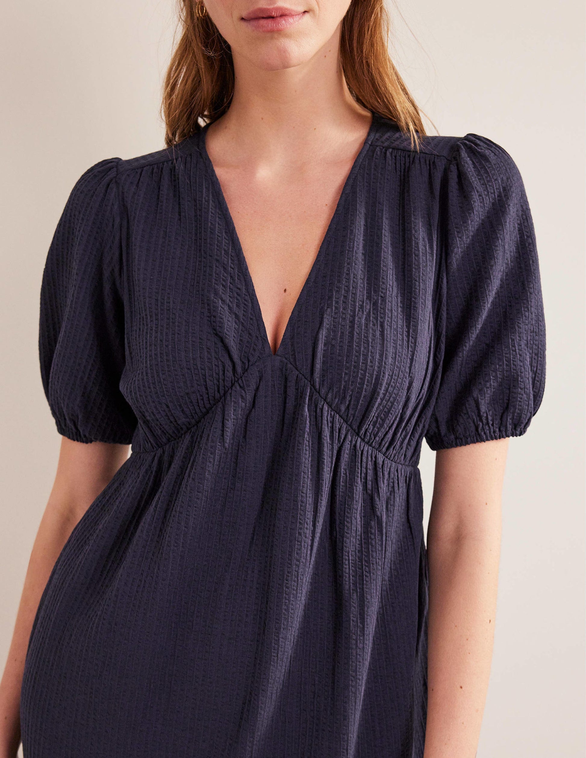 Jersey Seersucker Midi Dress-Navy-2