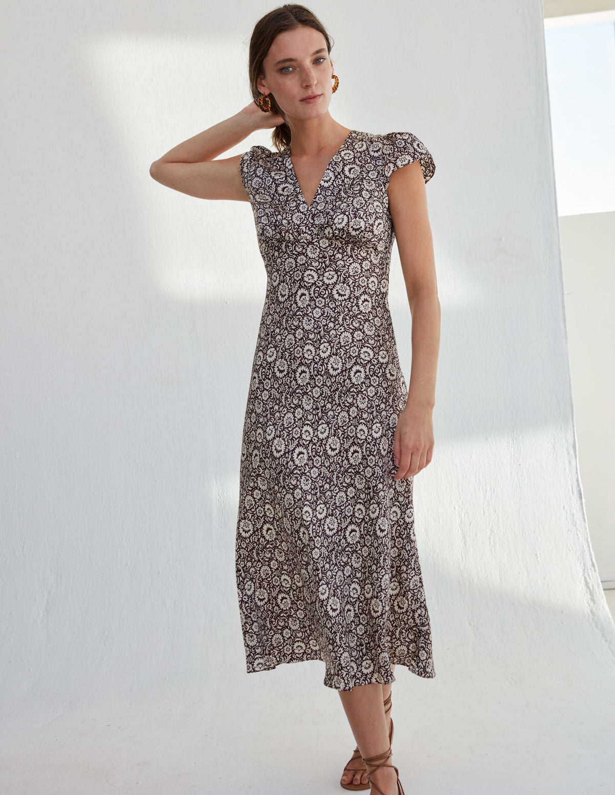 Satin Empire Midi Tea Dress-Dark Burgundy, Bloom Cascade-5