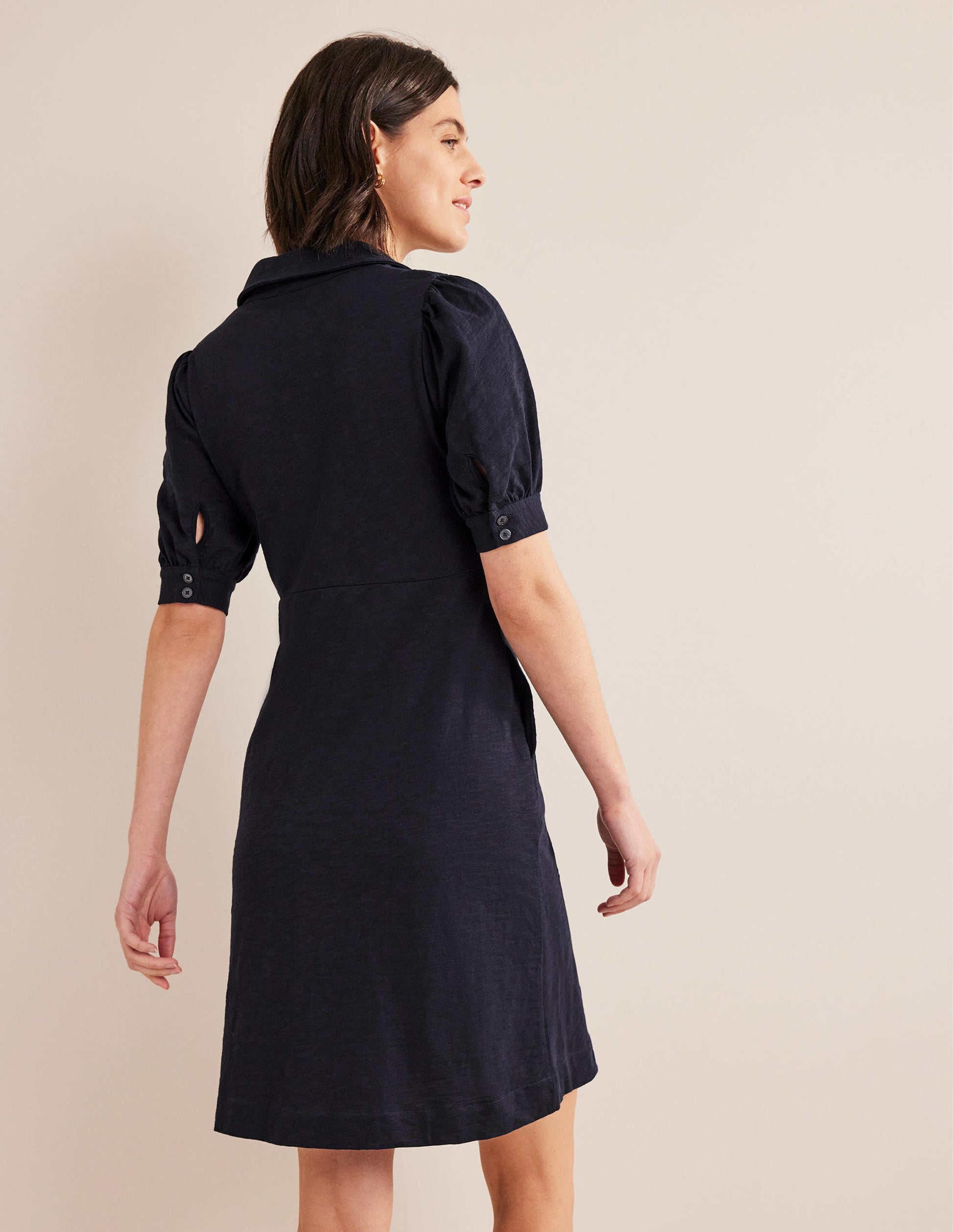 Button Jersey Mini Tea Dress-Navy-3