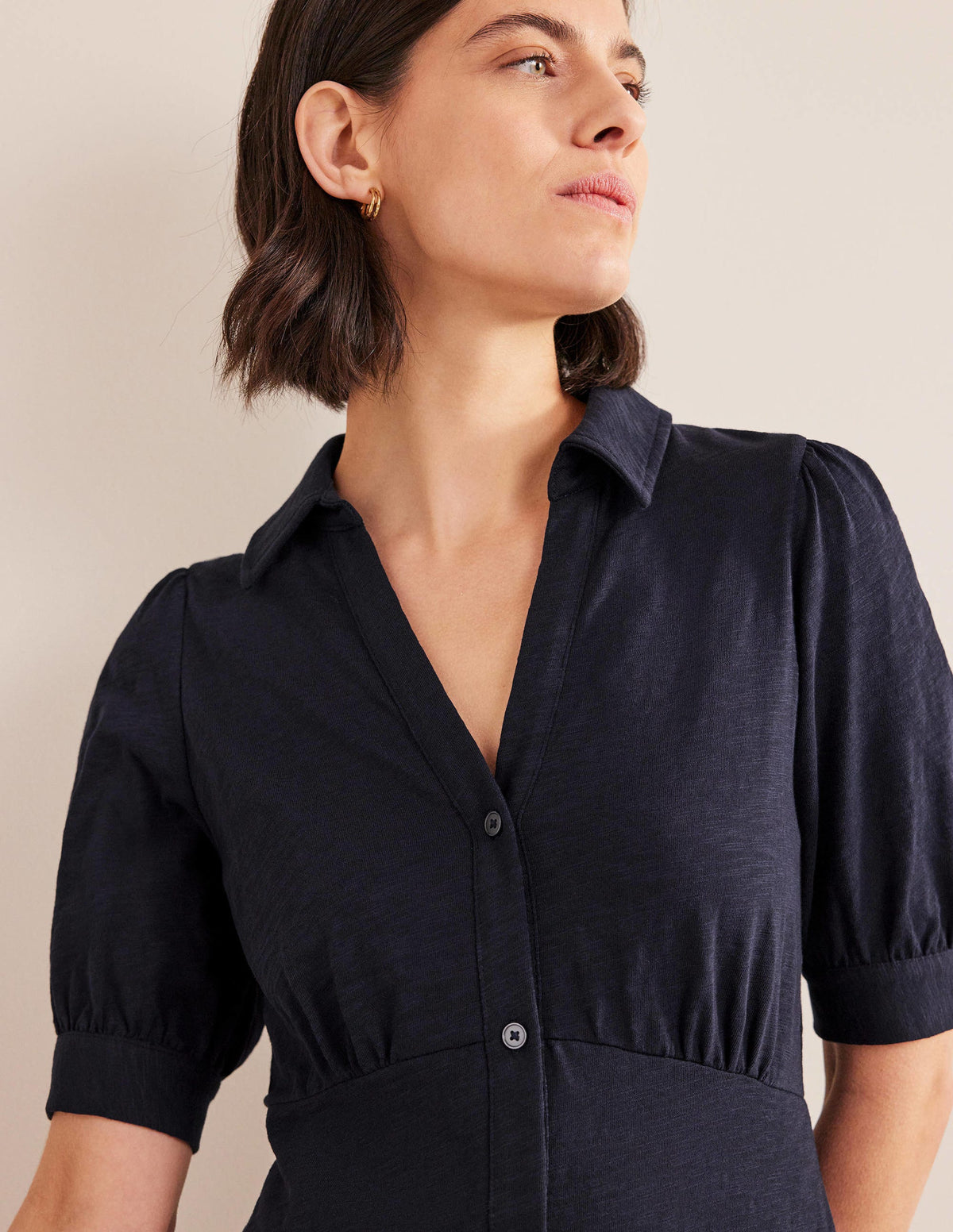 Button Jersey Mini Tea Dress-Navy - Image 4