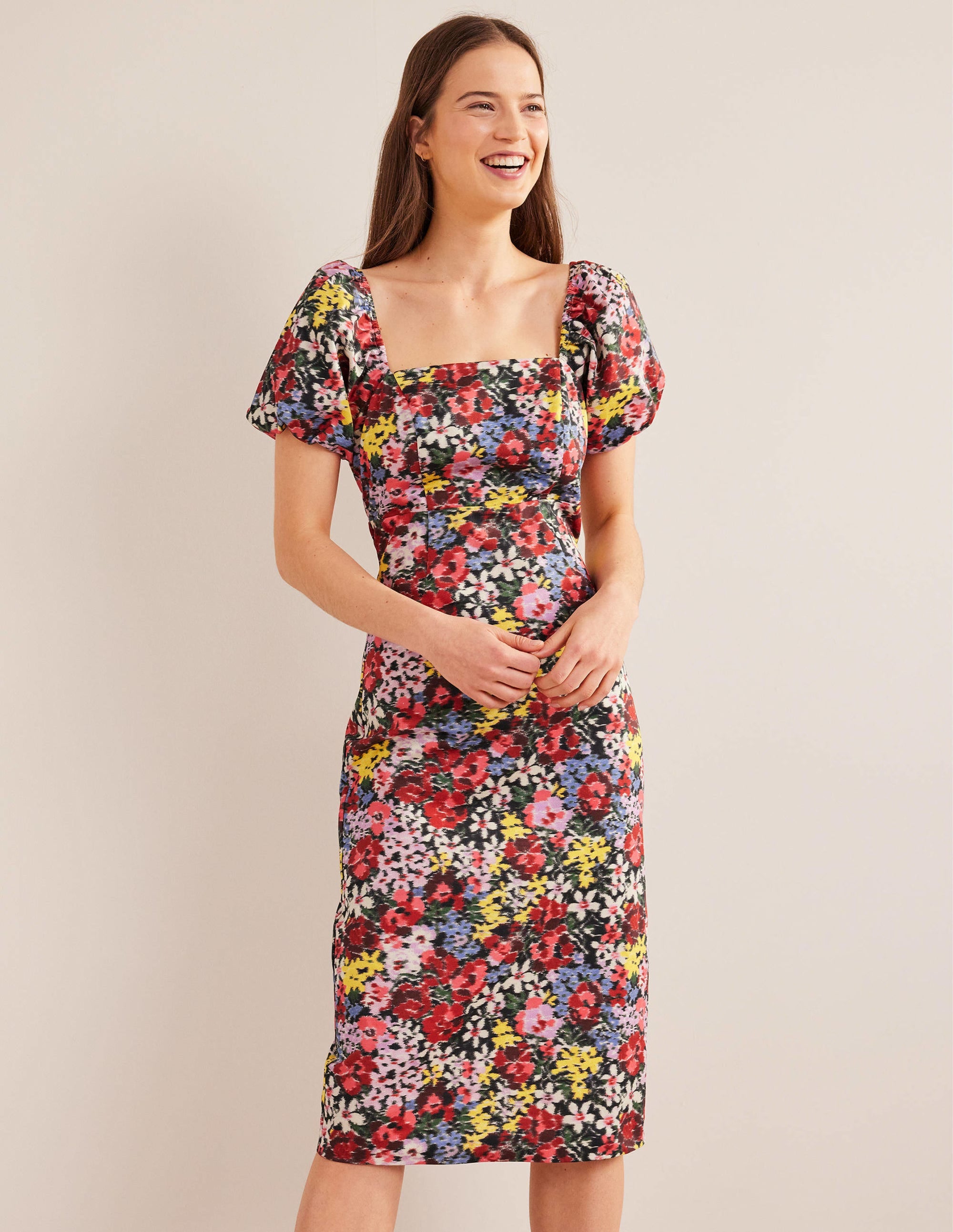 Puff Sleeve Column Midi Dress-Multi, Moire Bloom - Image 1