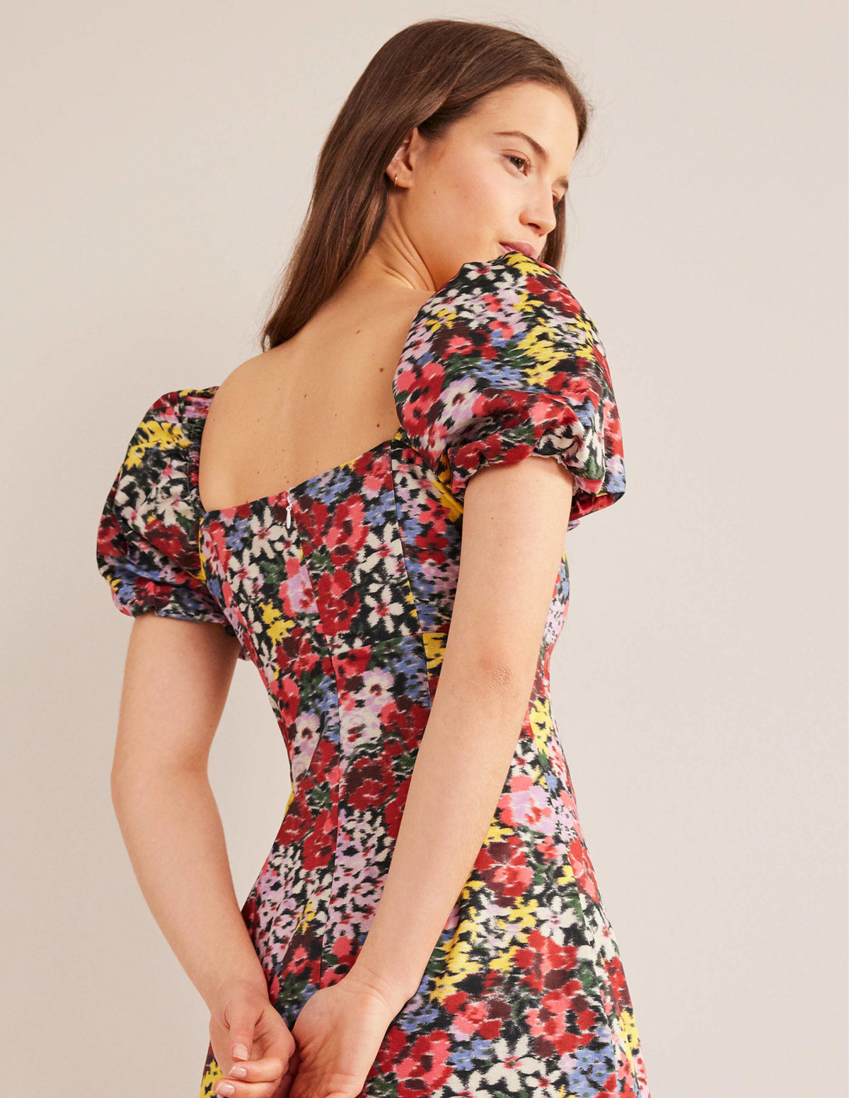 Puff Sleeve Column Midi Dress-Multi, Moire Bloom-2