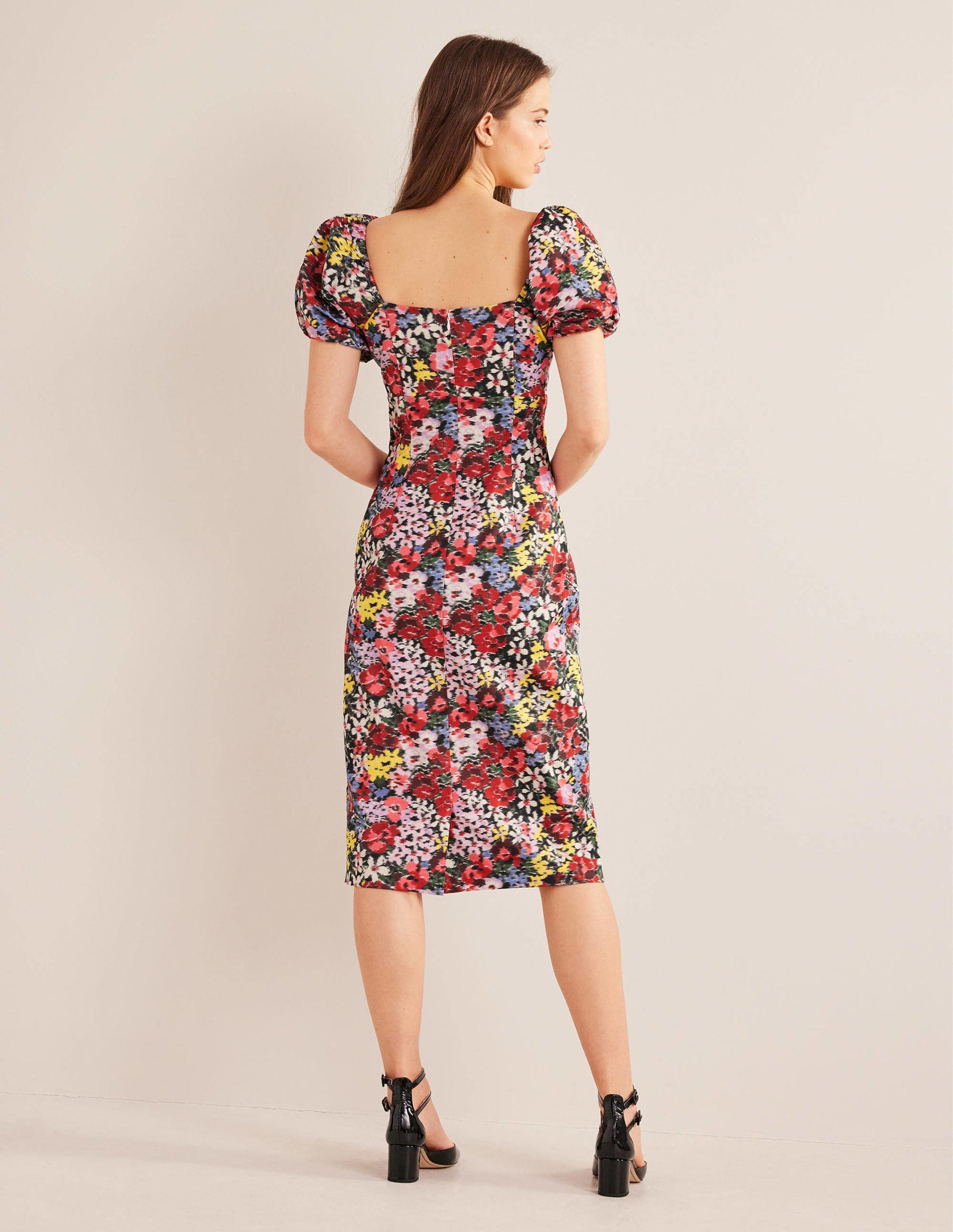 Puff Sleeve Column Midi Dress-Multi, Moire Bloom-3