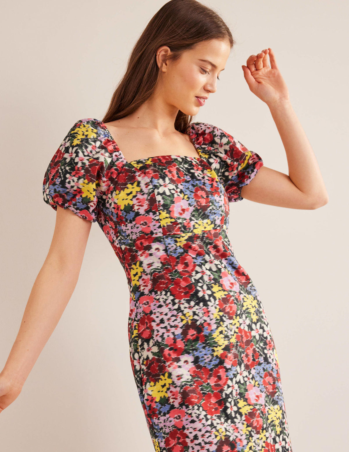 Puff Sleeve Column Midi Dress-Multi, Moire Bloom-4