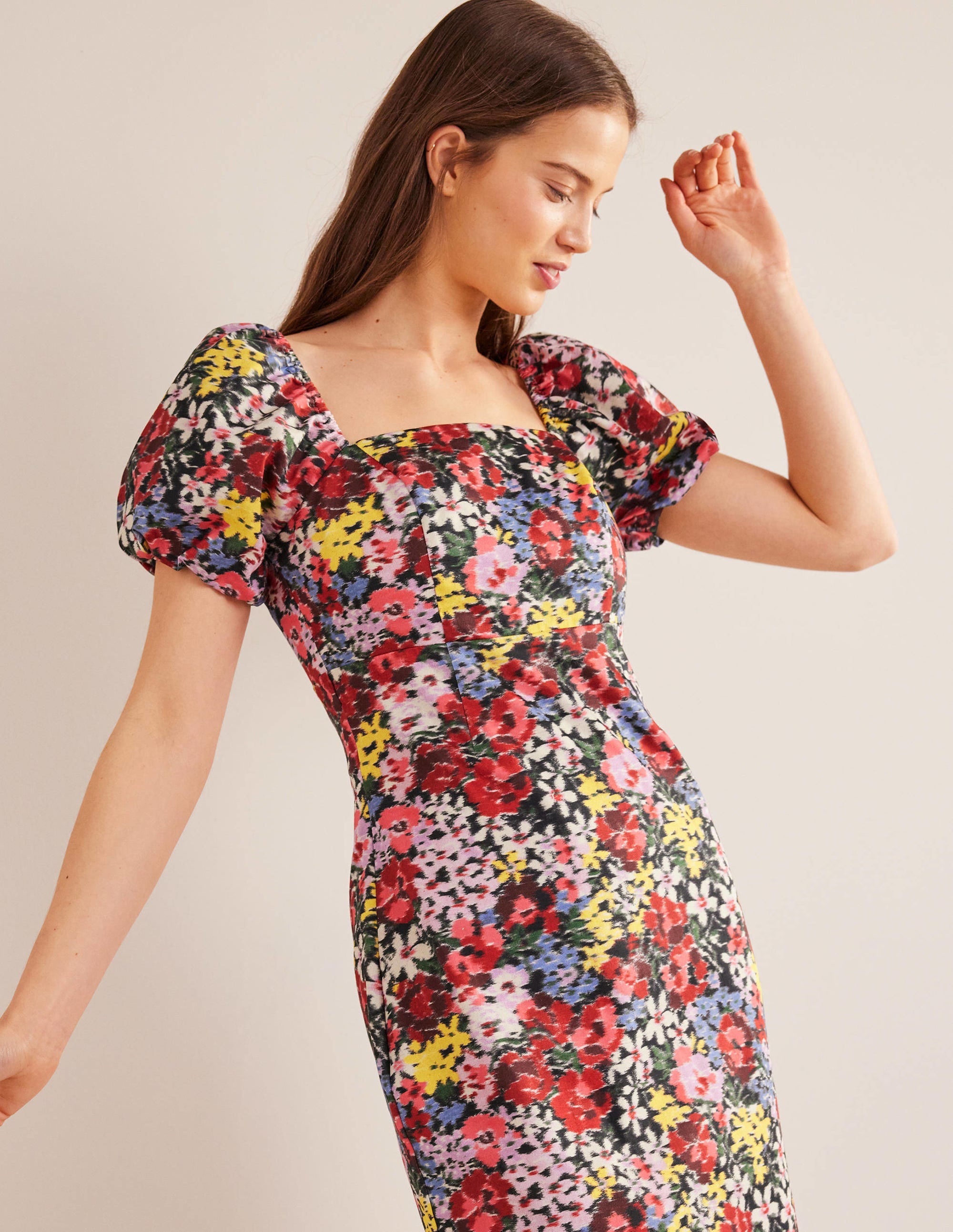 Puff Sleeve Column Midi Dress-Multi, Moire Bloom - Image 4