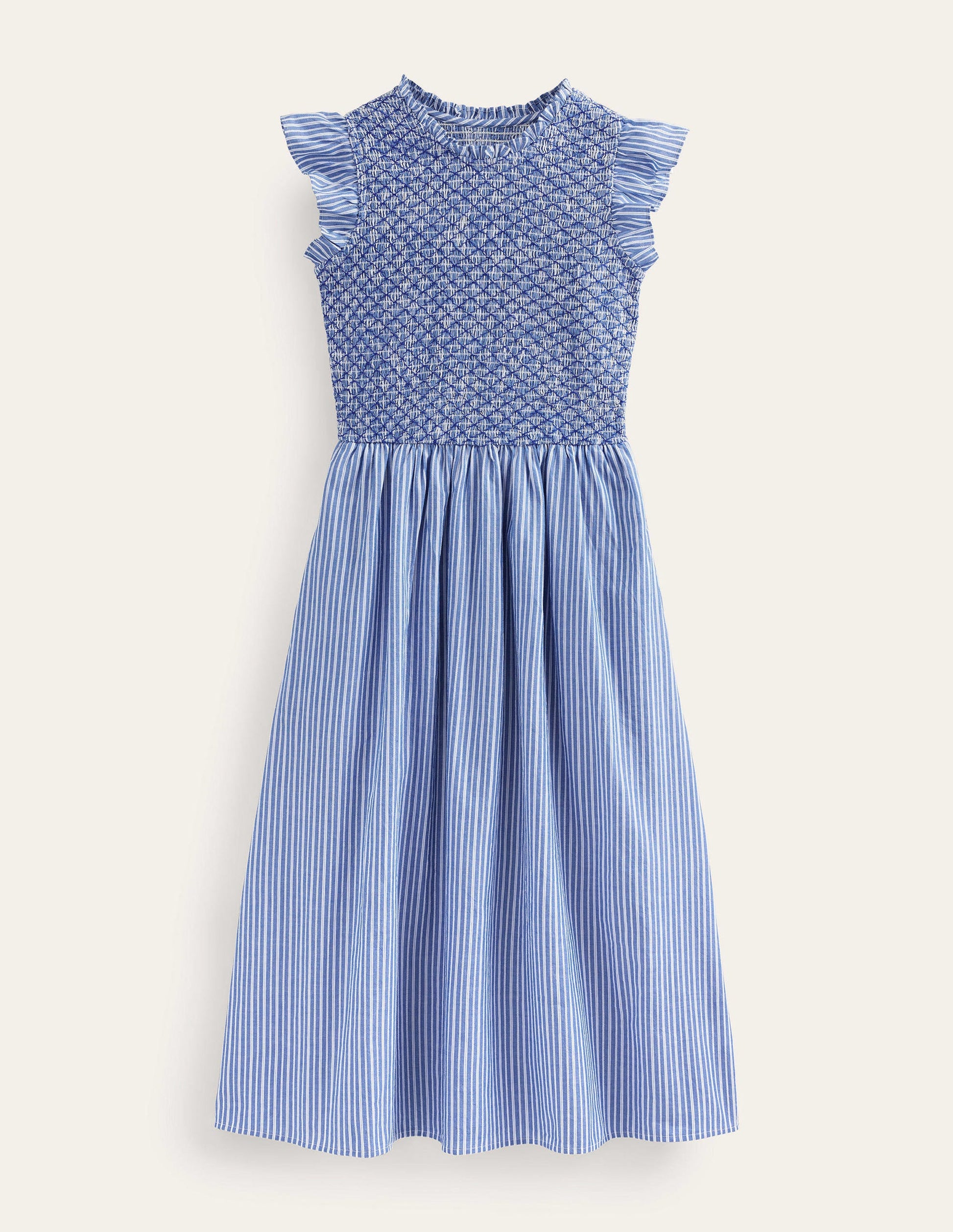 Smocked Bodice Midi Dress-Mid Blue, Leno Stripe-5