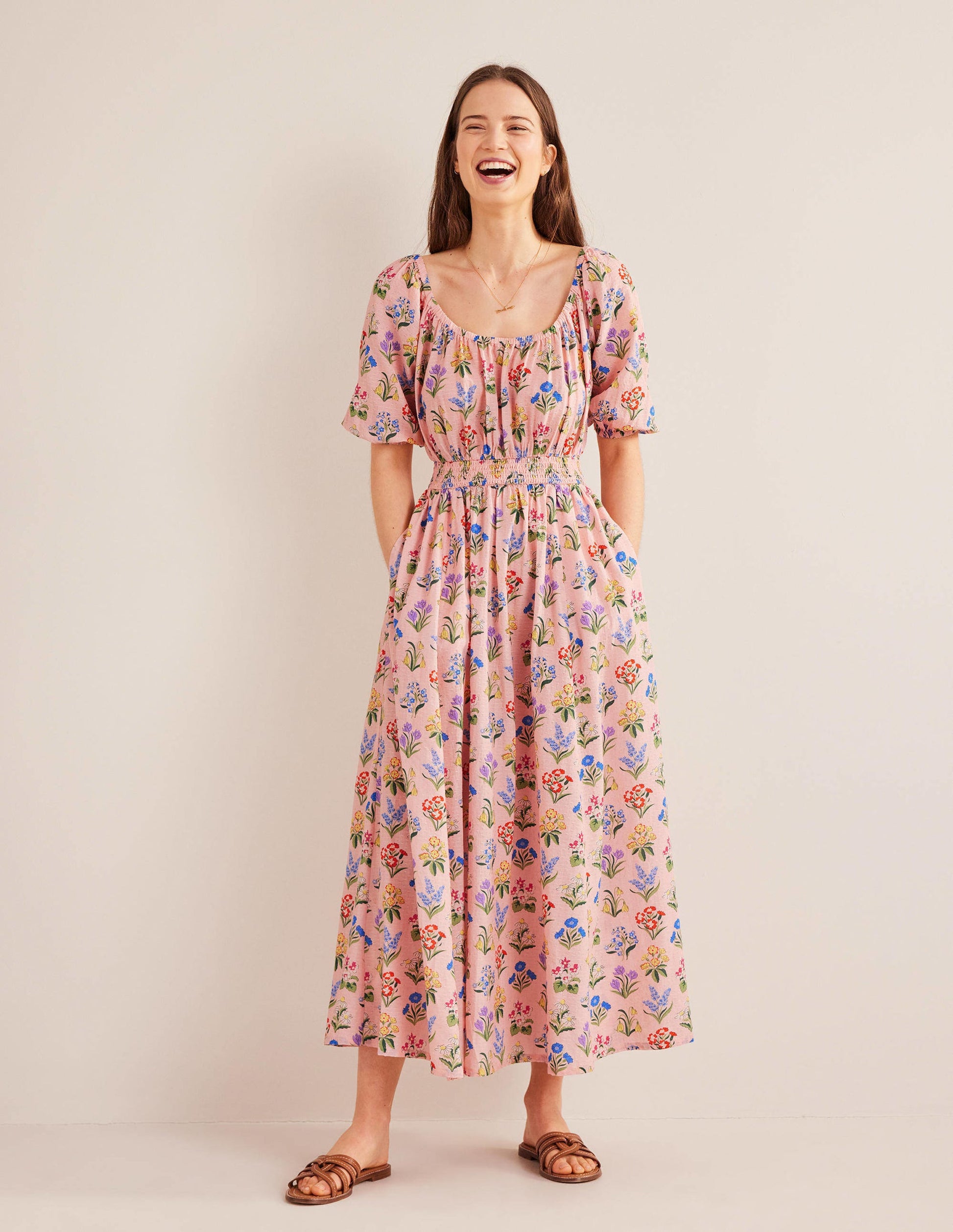 Scoop Neck Midi Dress-Dusty Pink, Spring Garden-1