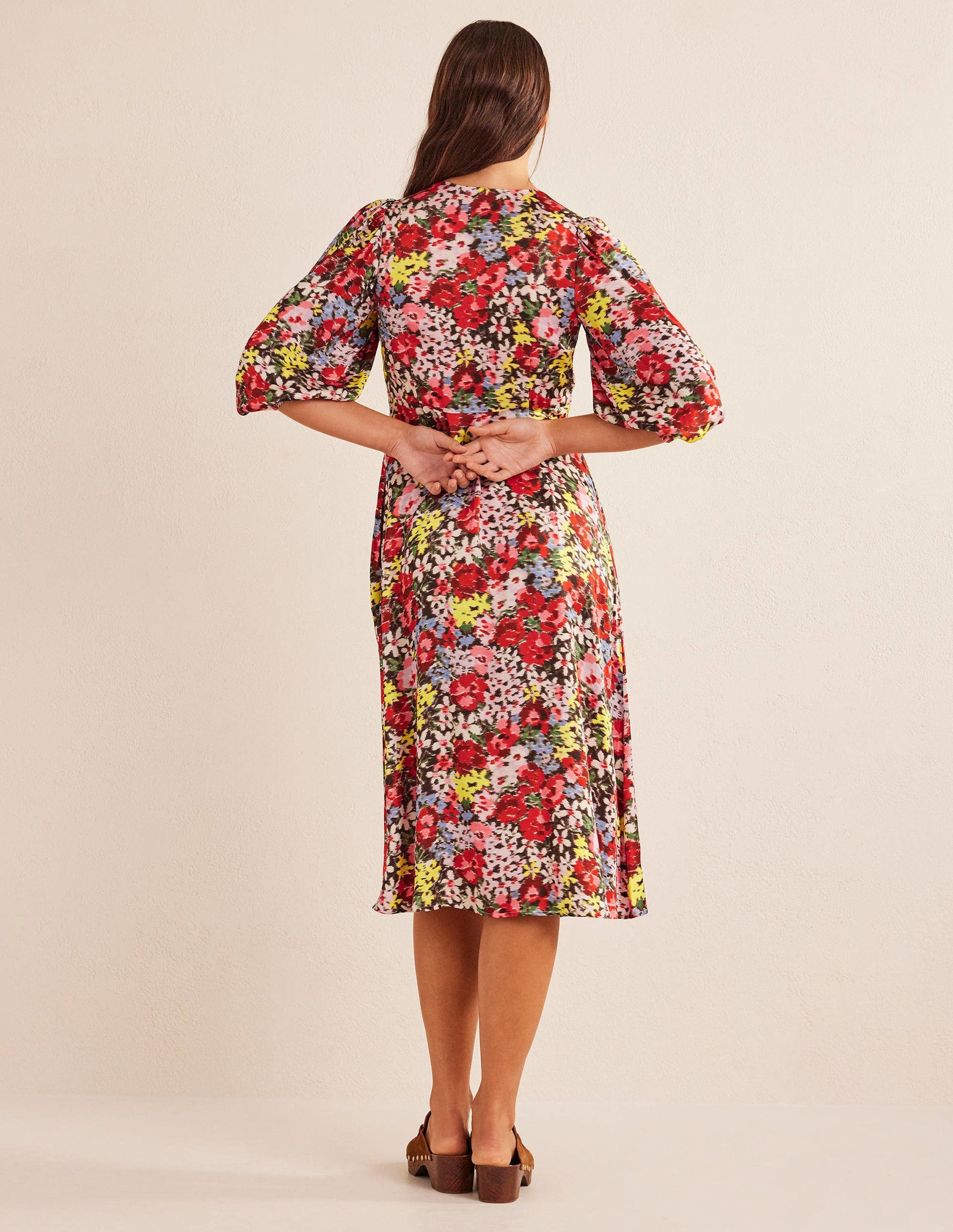 Button Detail Satin Tea Dress-Multi, Moire Bloom-3