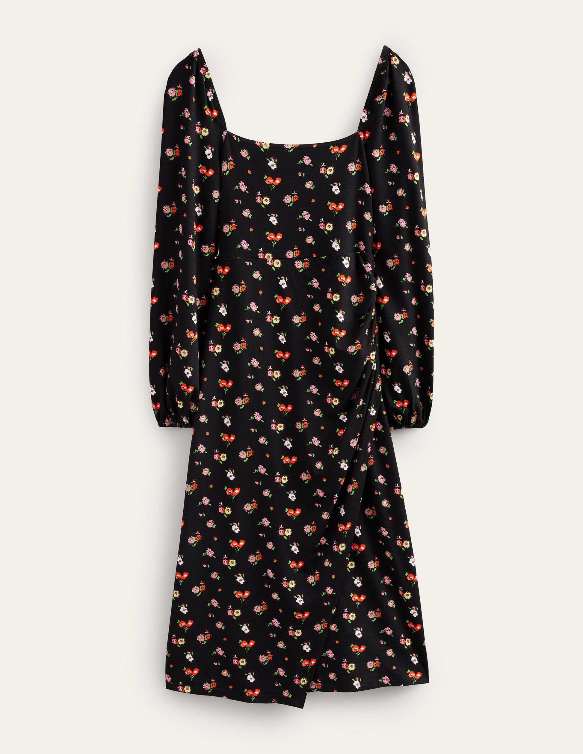 Square Neck Jersey Midi Dress-Black, Dainty Sprig-6