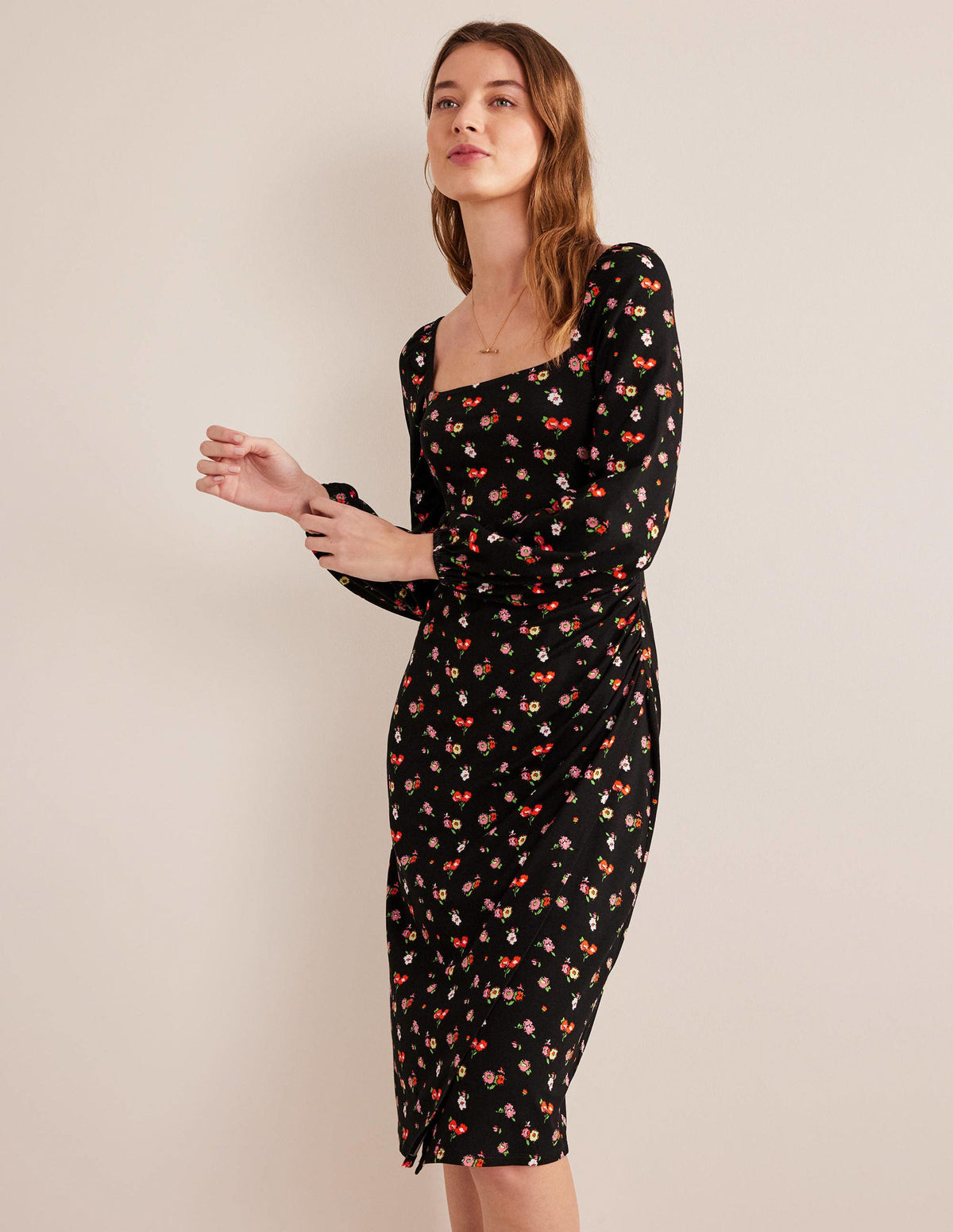 Square Neck Jersey Midi Dress-Black, Dainty Sprig - Image 1
