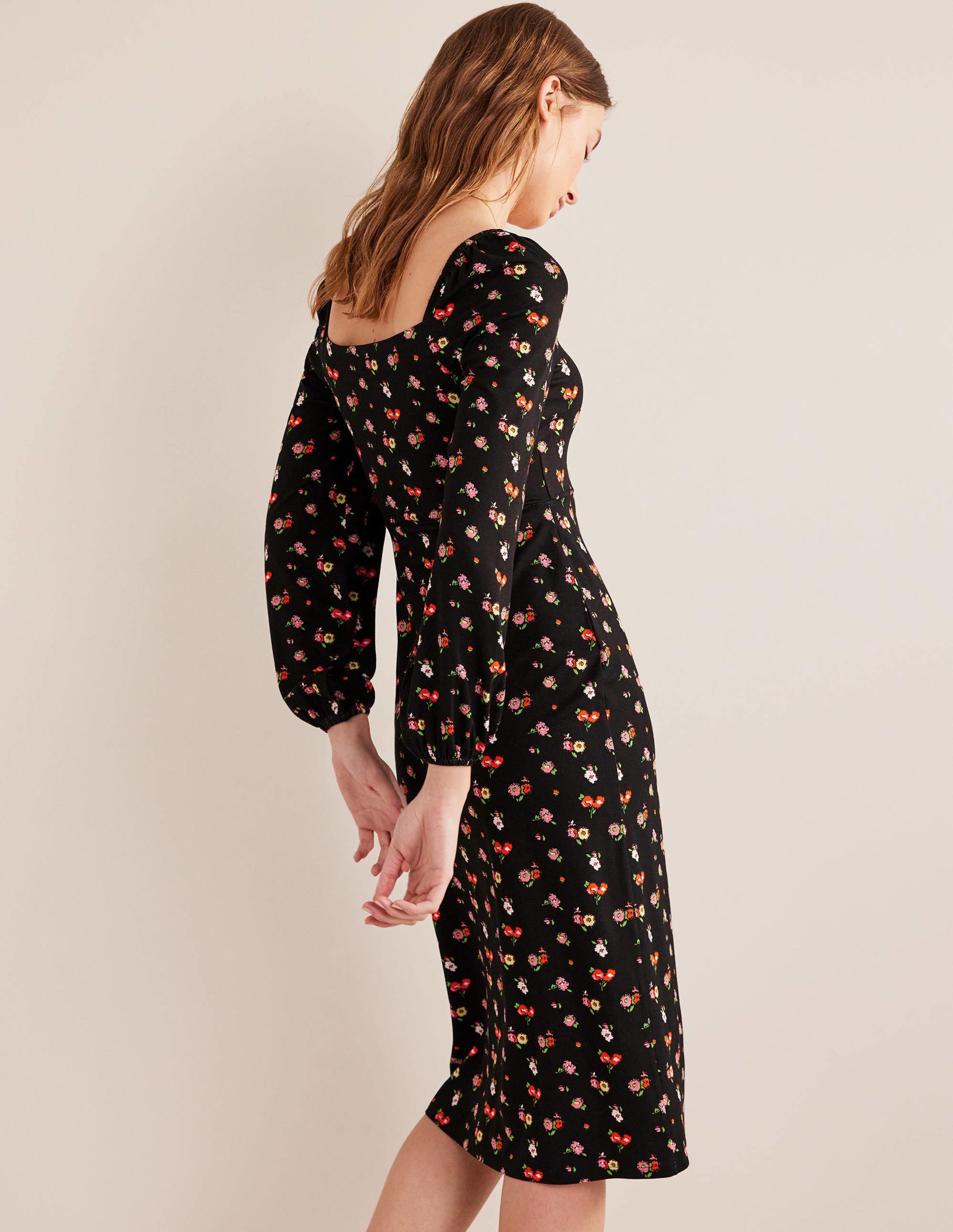Square Neck Jersey Midi Dress-Black, Dainty Sprig - Image 3