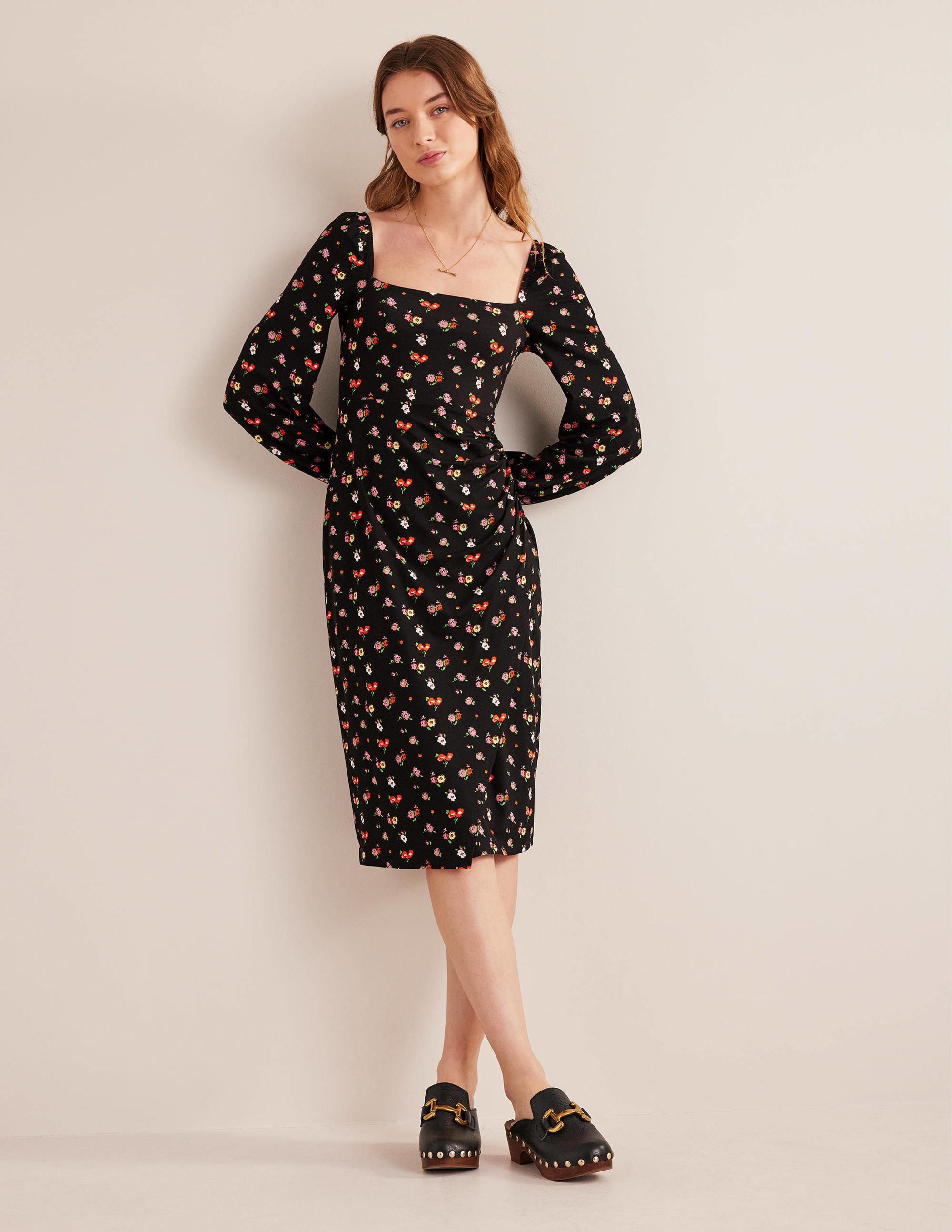 Square Neck Jersey Midi Dress-Black, Dainty Sprig - Image 4