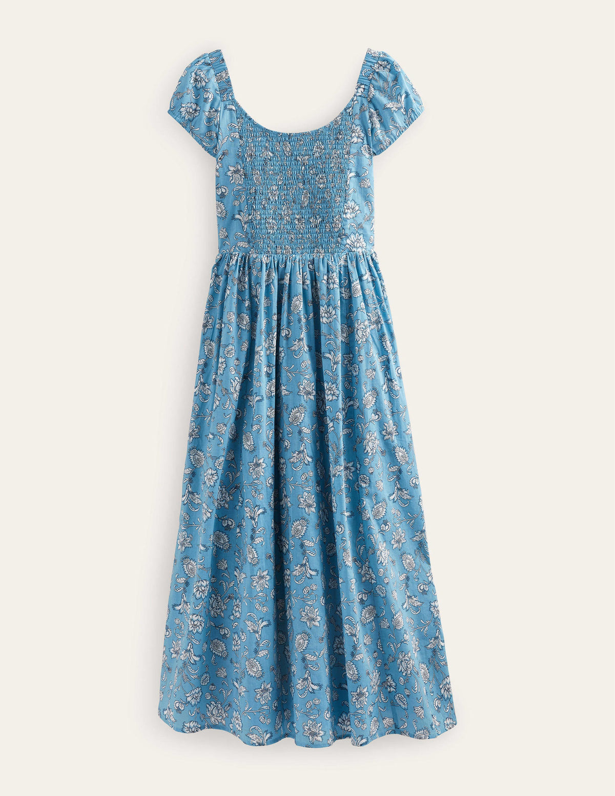 Scoop-Neck Smocked Midi Dress-Delphinium Blue, Meadow Fall-5