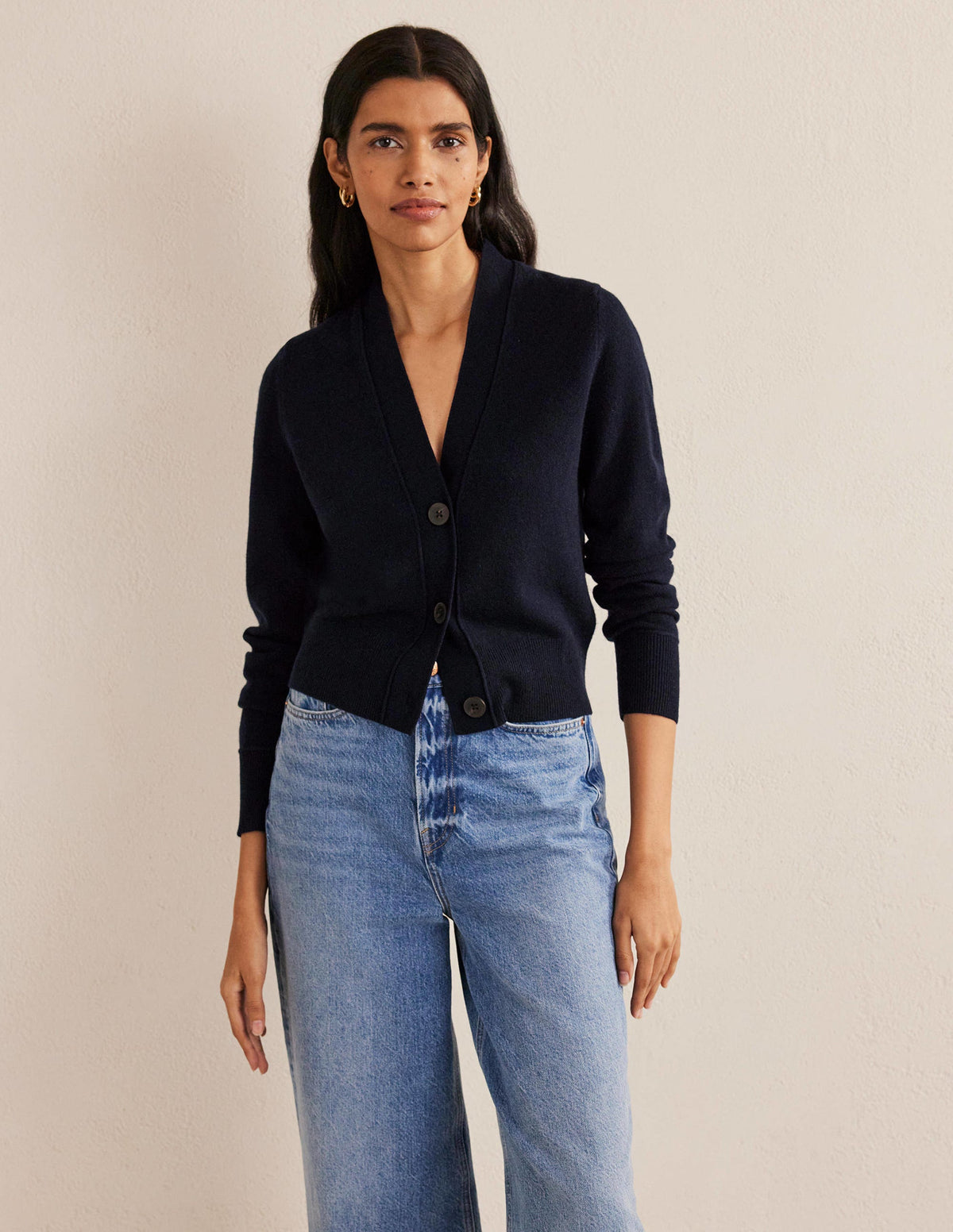 Cropped Cashmere V Cardigan-Navy-1