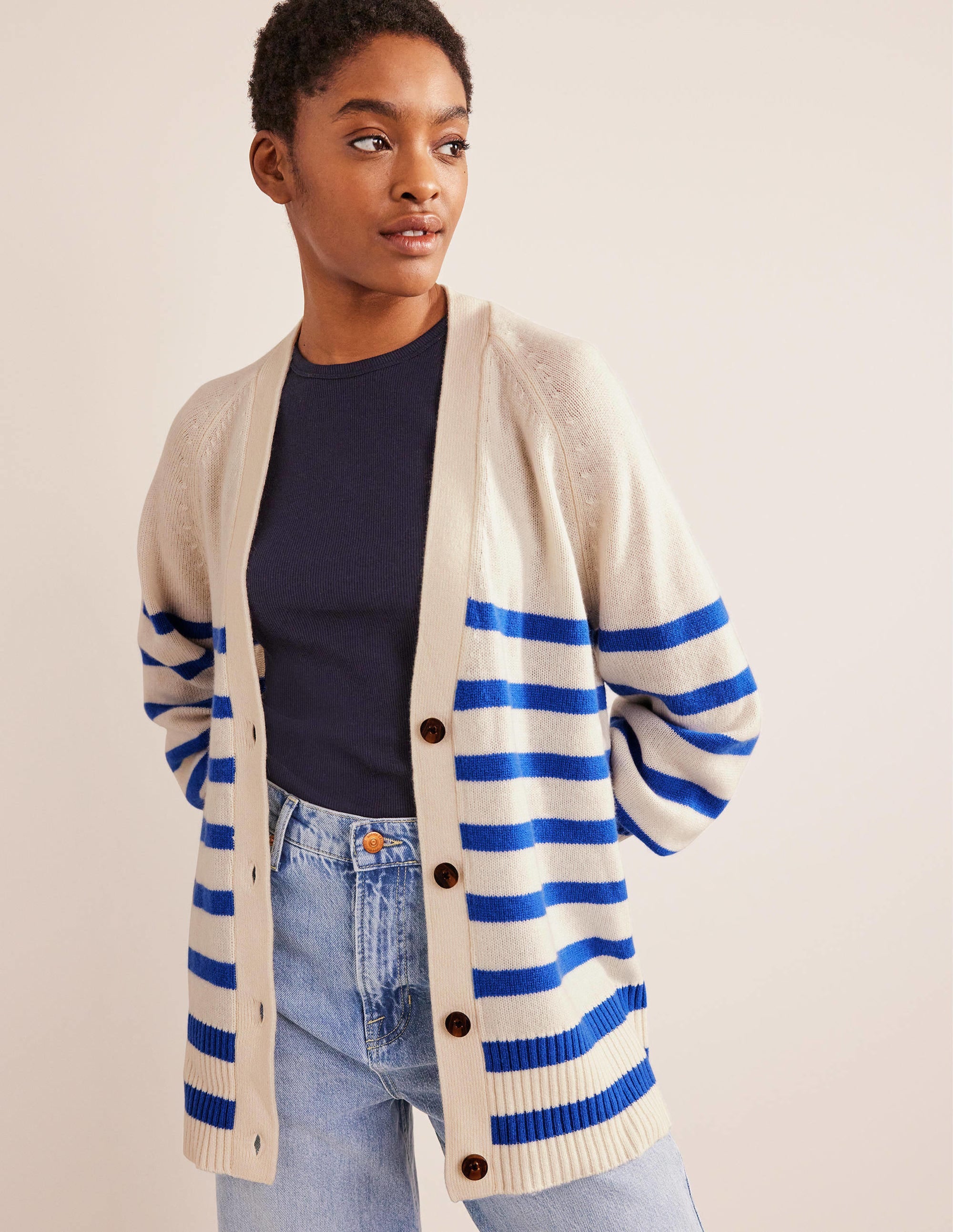 Long Cashmere Cardigan-Ivory, Bright Blue Stripe - Image 2