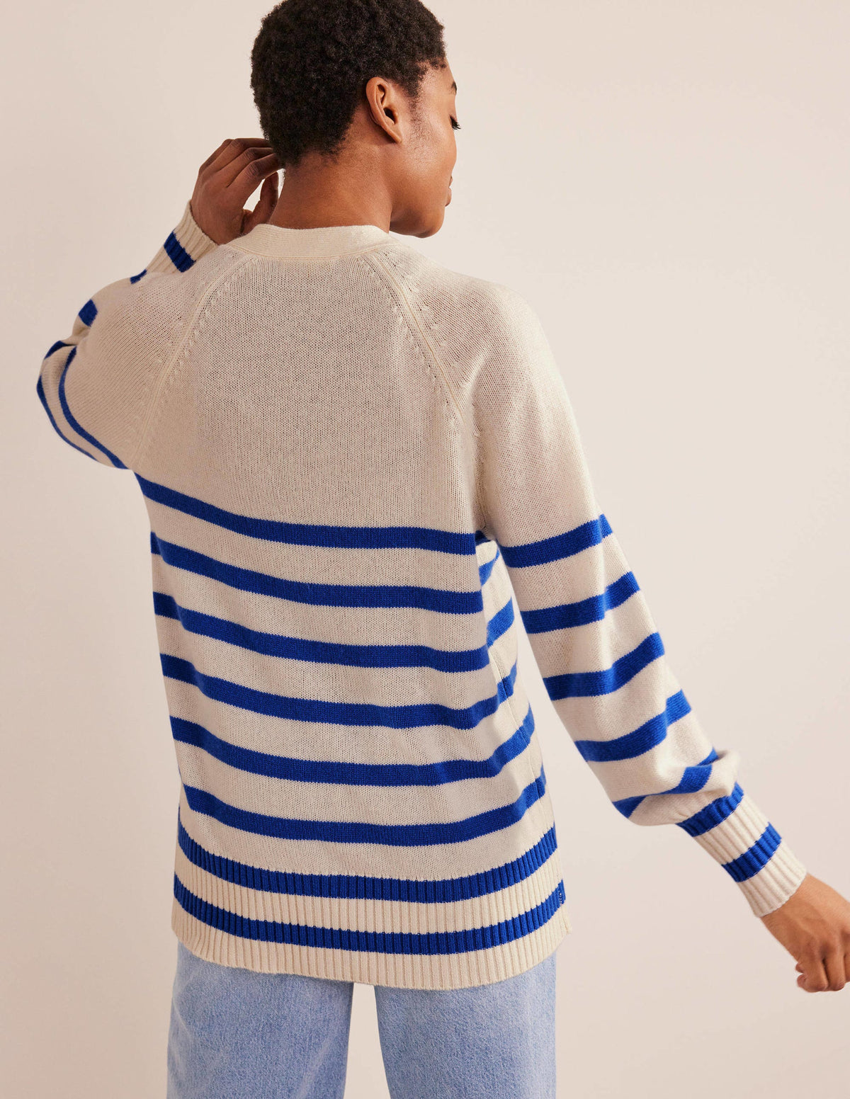 Long Cashmere Cardigan-Ivory, Bright Blue Stripe - Image 4