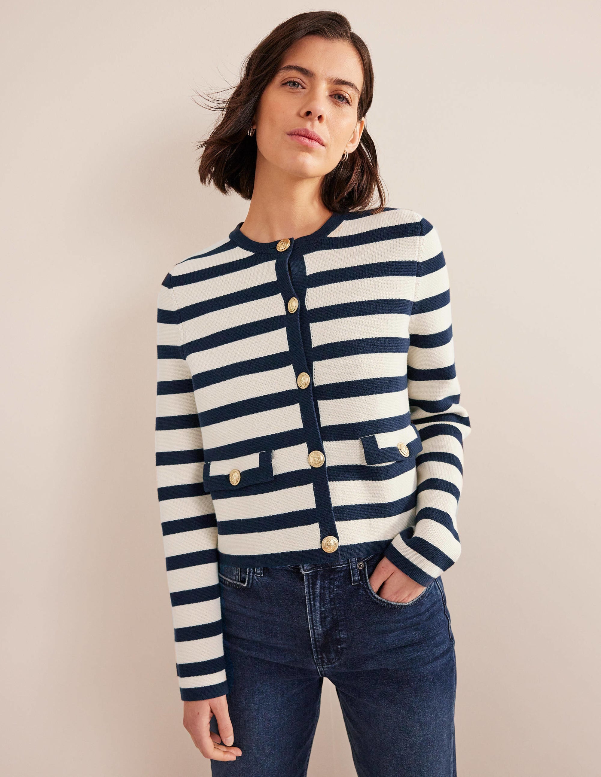 Holly Knitted Jacket-Ivory, Navy Stripe - Image 1