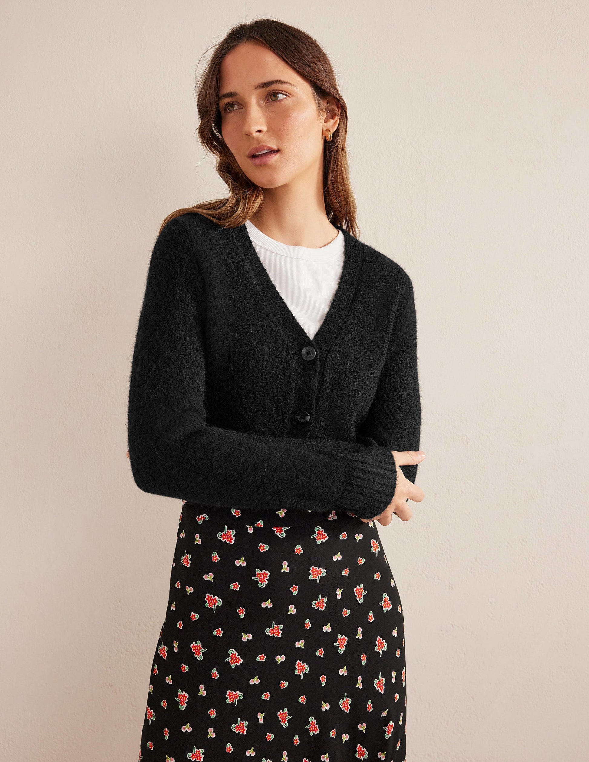 Fluffy Cropped V-Neck Cardigan-Black-1