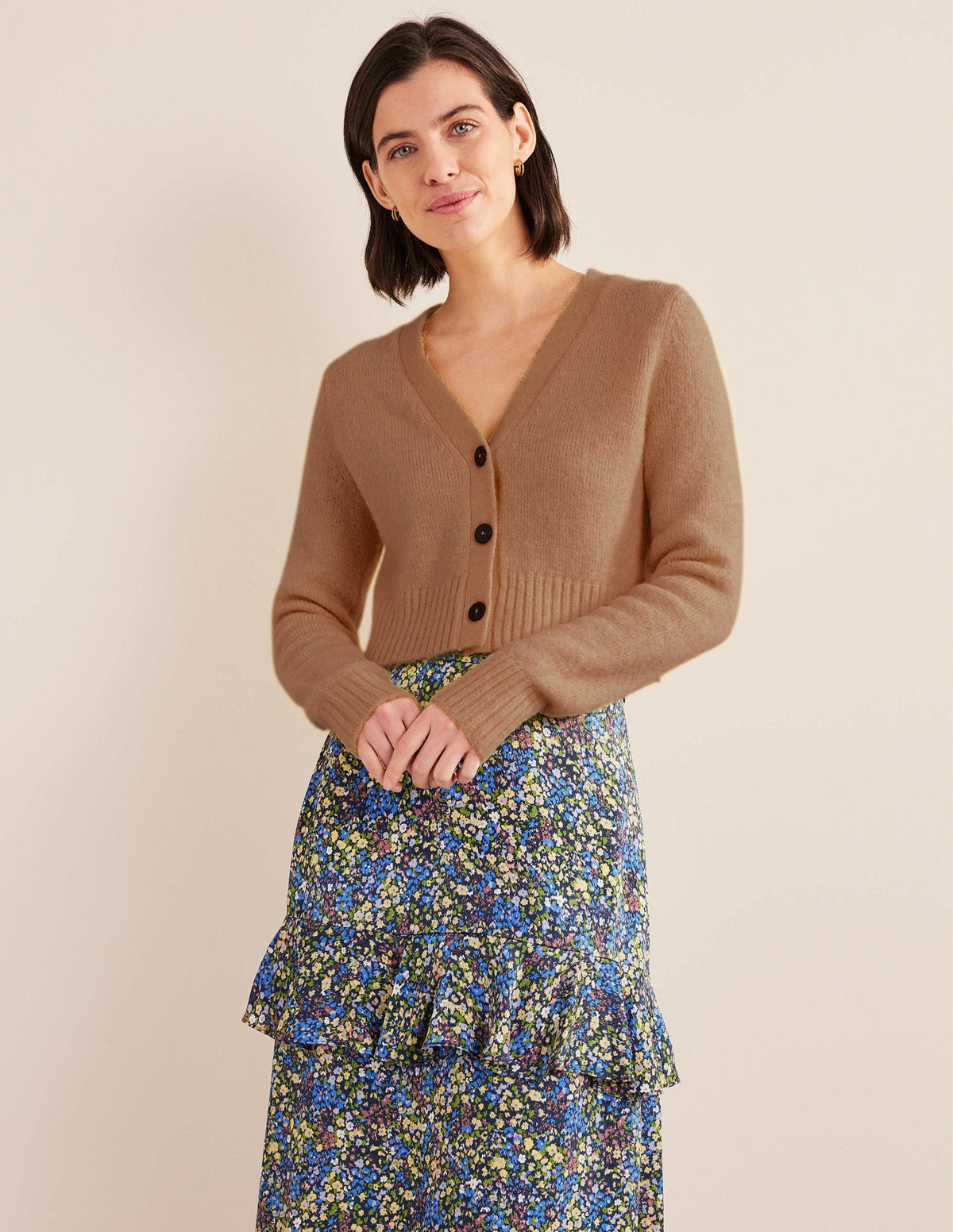 Fluffy Cropped V-Neck Cardigan-Camel Melange - Image 1