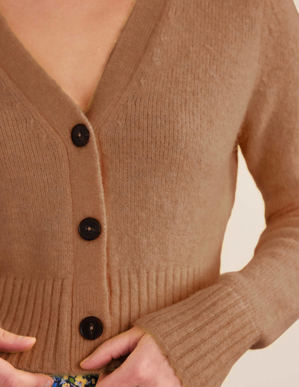 Fluffy Cropped V-Neck Cardigan-Camel Melange-2