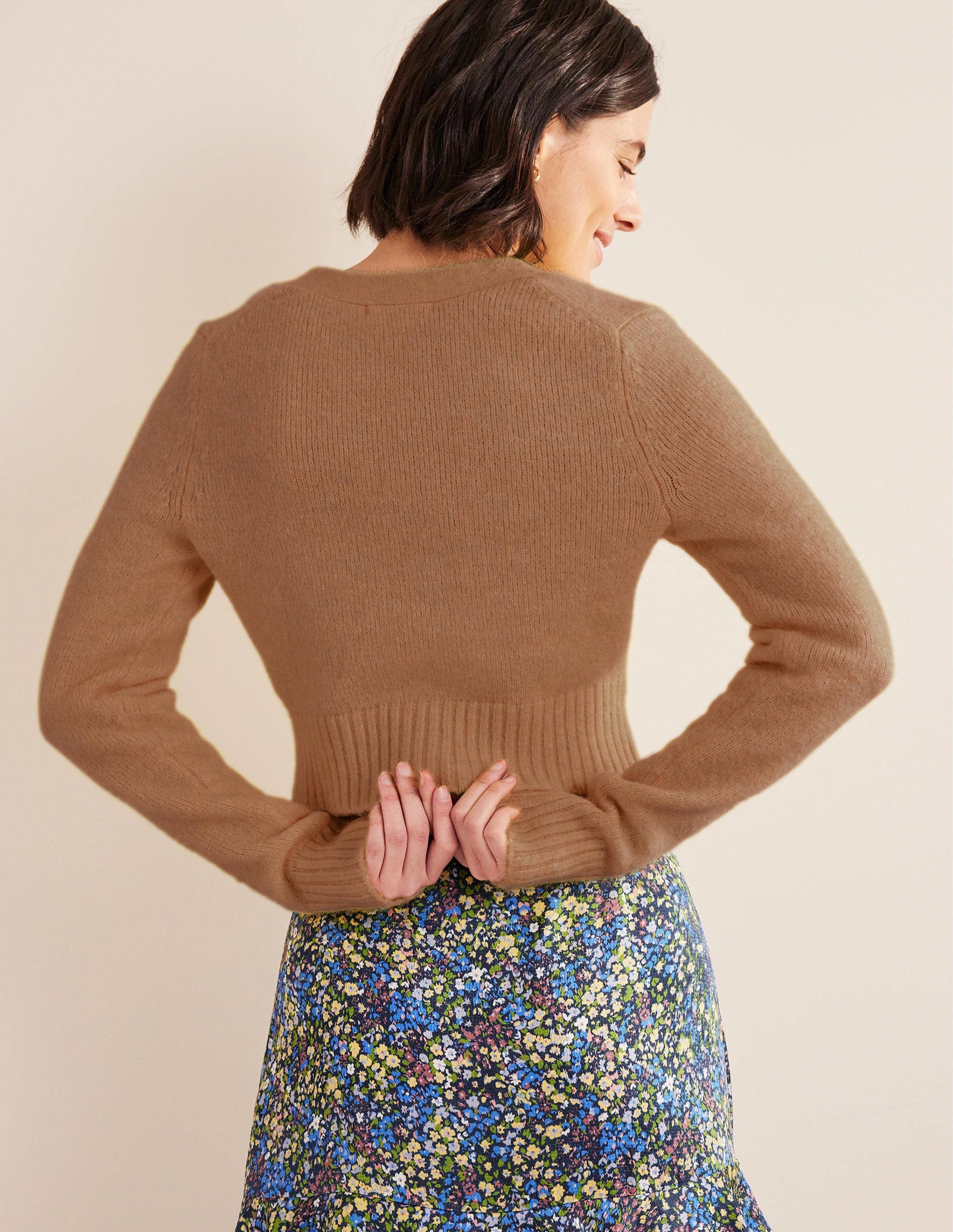 Fluffy Cropped V-Neck Cardigan-Camel Melange-3