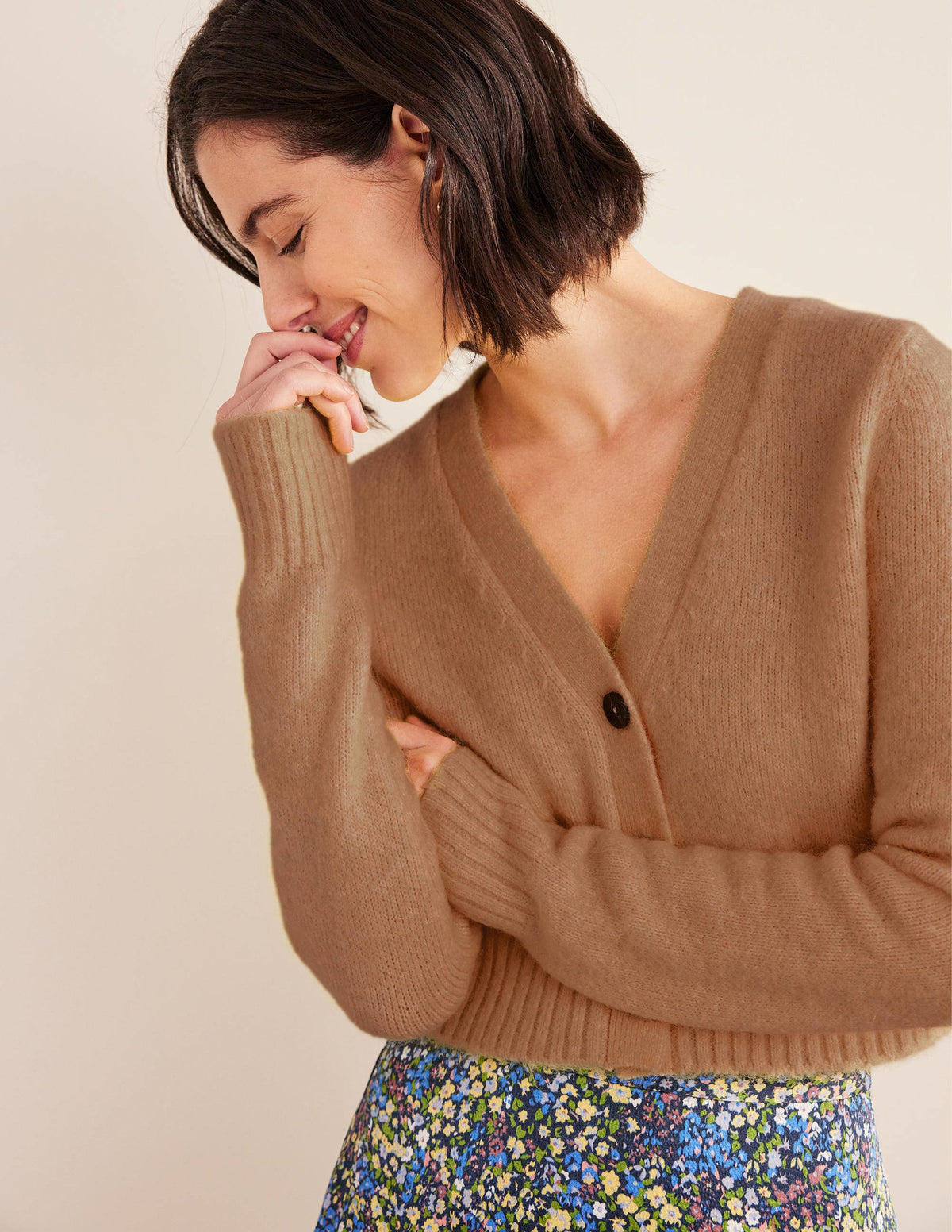 Fluffy Cropped V-Neck Cardigan-Camel Melange-4