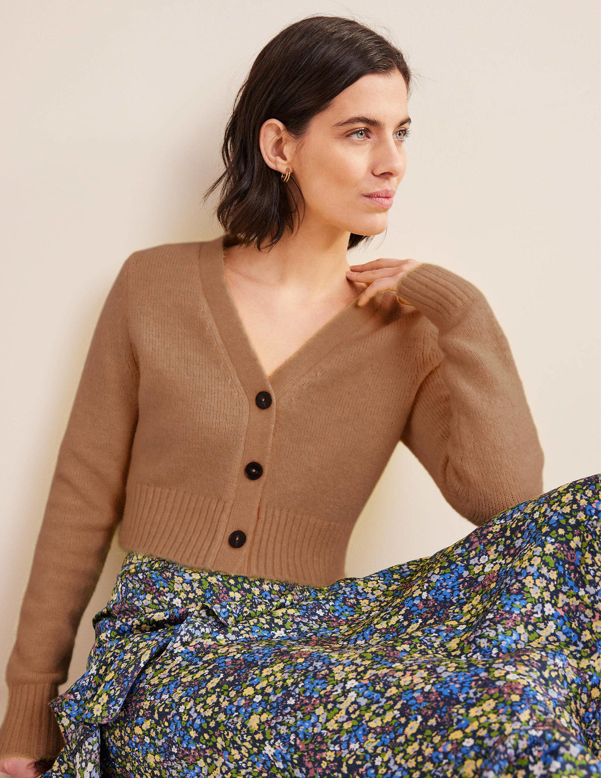 Fluffy Cropped V-Neck Cardigan-Camel Melange-5