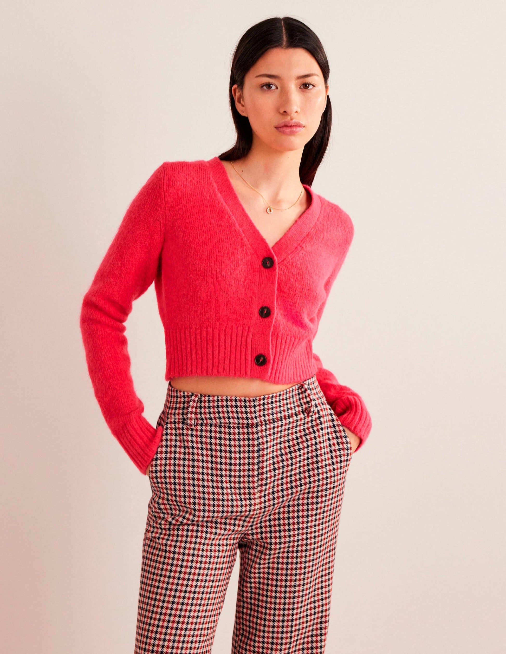 Fluffy Cropped V-Neck Cardigan-Virtual Pink-1