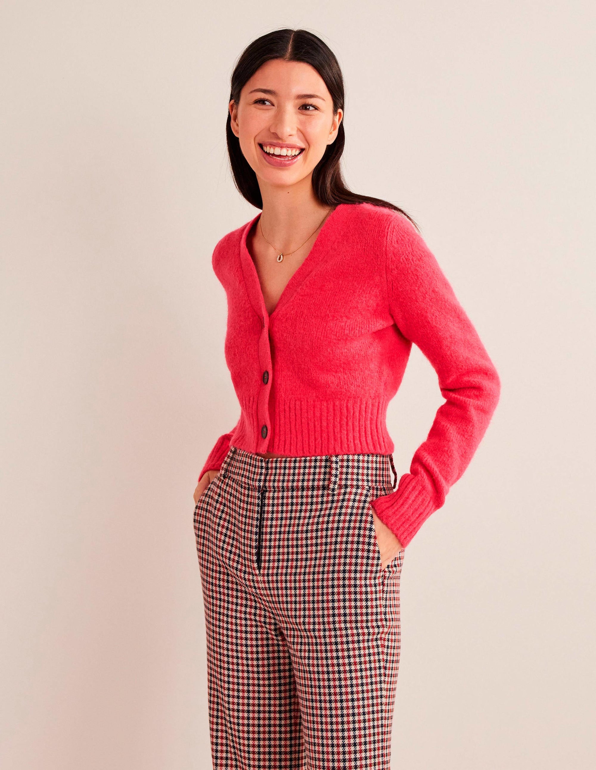 Fluffy Cropped V-Neck Cardigan-Virtual Pink - Image 5