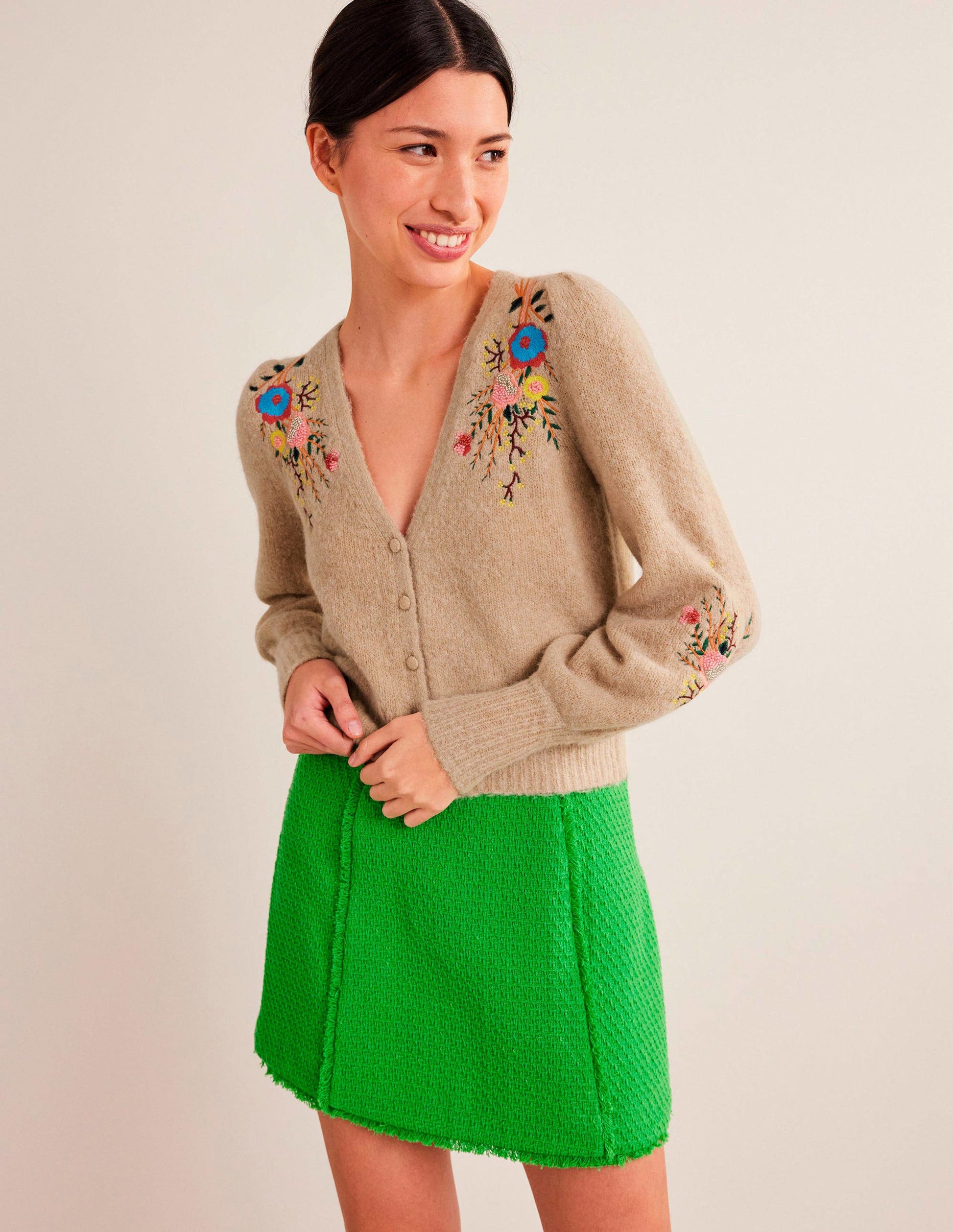 Fluffy Floral Detail Cardigan-Chinchilla Melange Floral-1