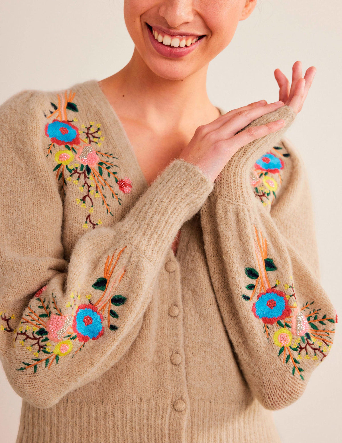 Fluffy Floral Detail Cardigan-Chinchilla Melange Floral-5