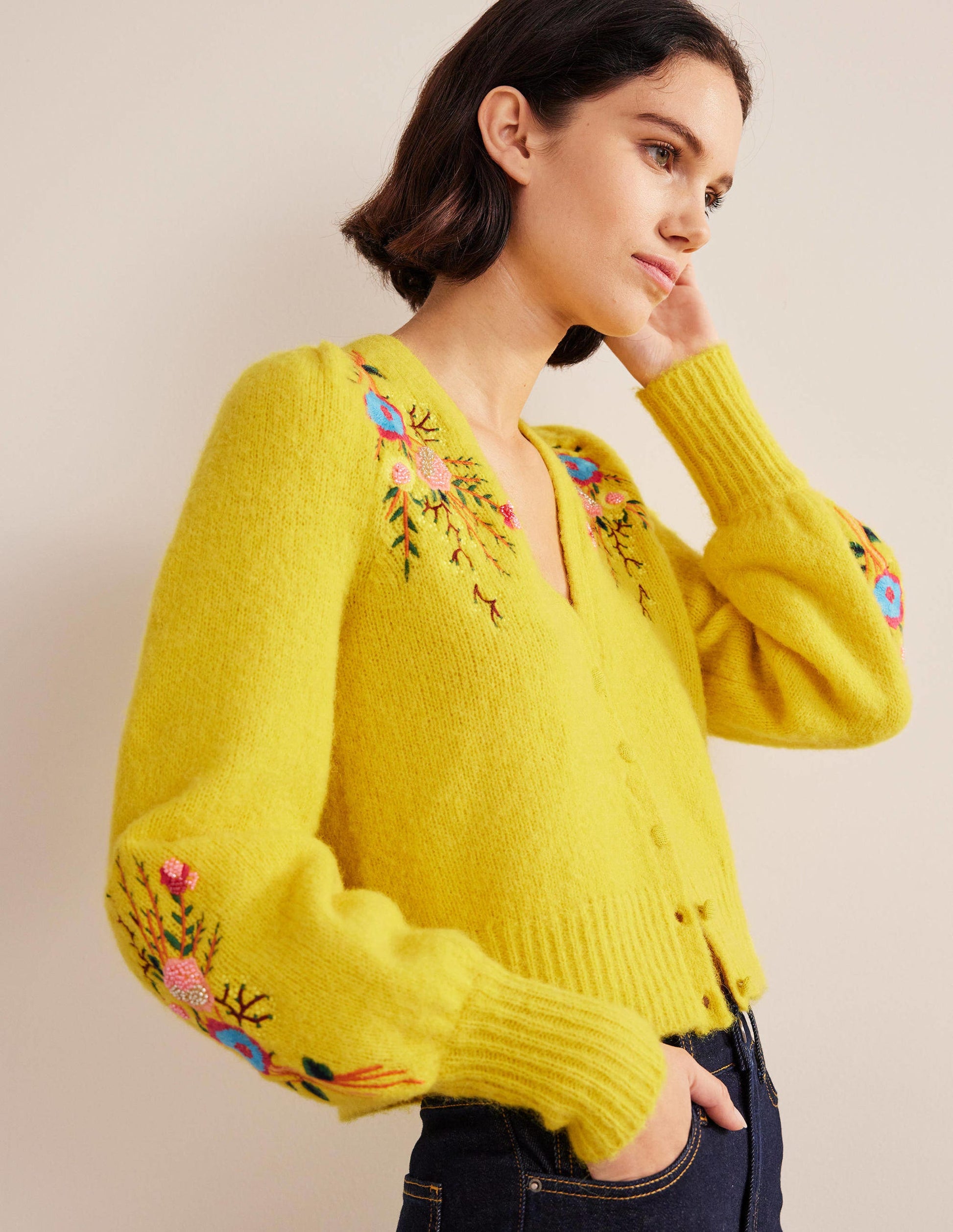 Fluffy Floral Detail Cardigan-Filigree Yellow Floral-1