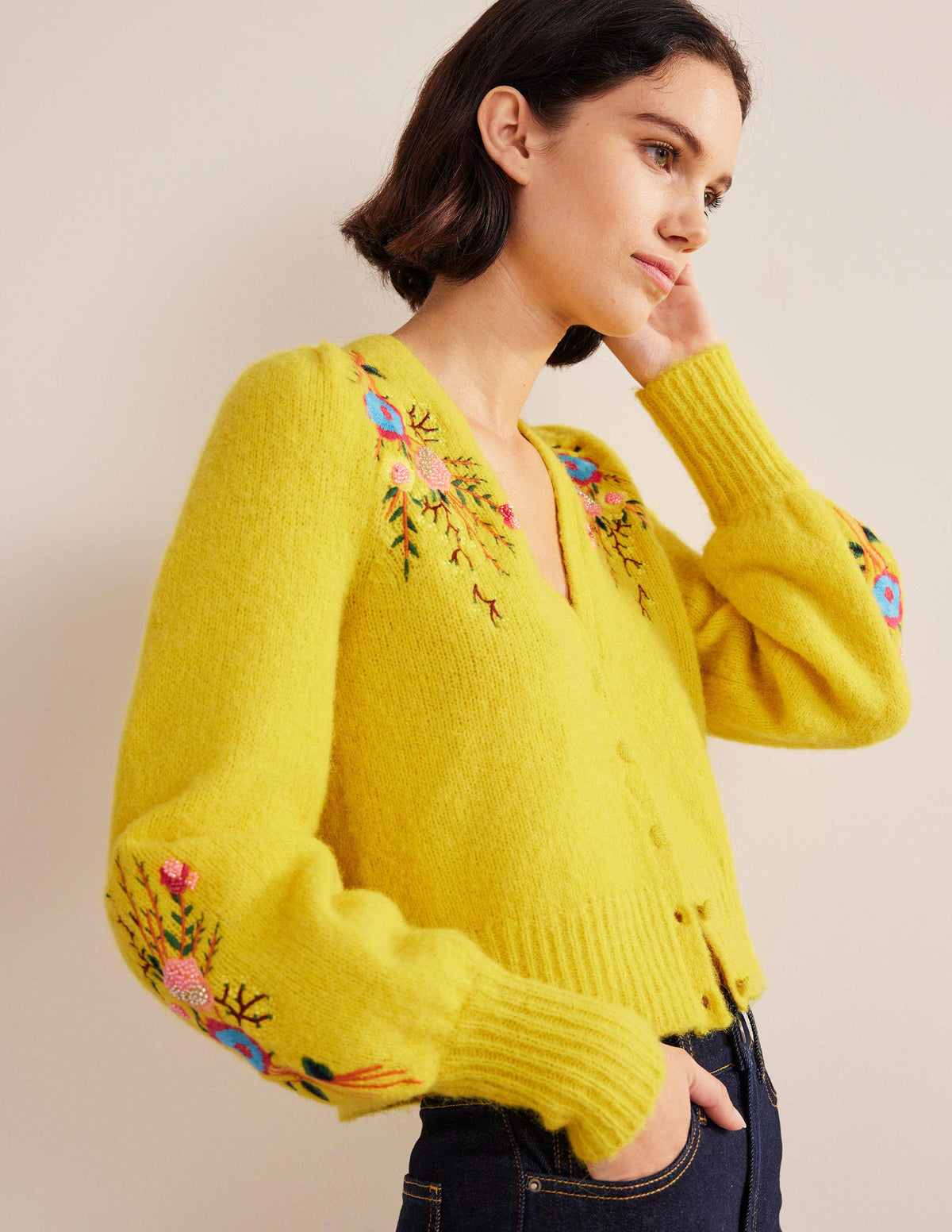 Fluffy Floral Detail Cardigan-Filigree Yellow Floral - Image 1