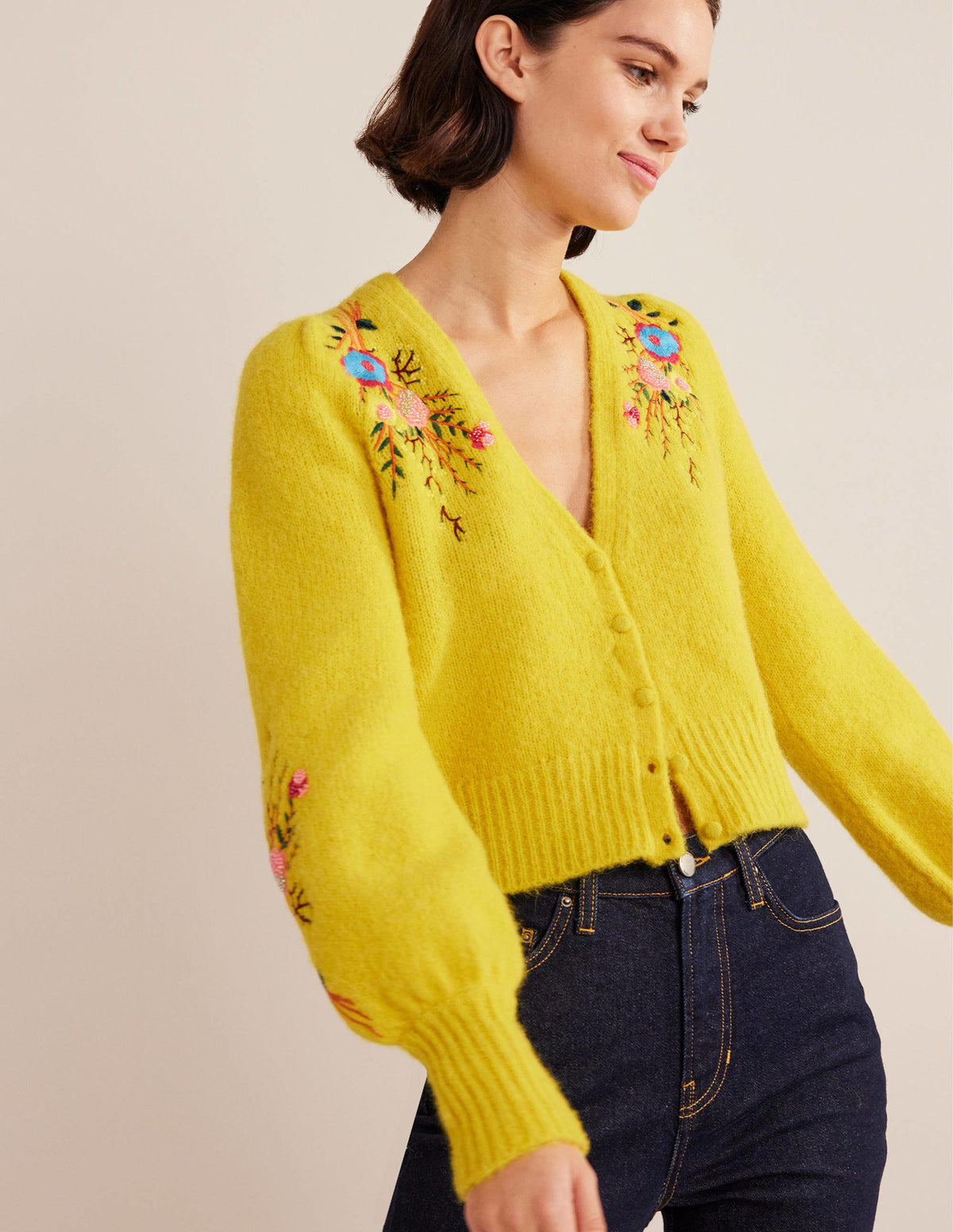 Fluffy Floral Detail Cardigan-Filigree Yellow Floral - Image 5