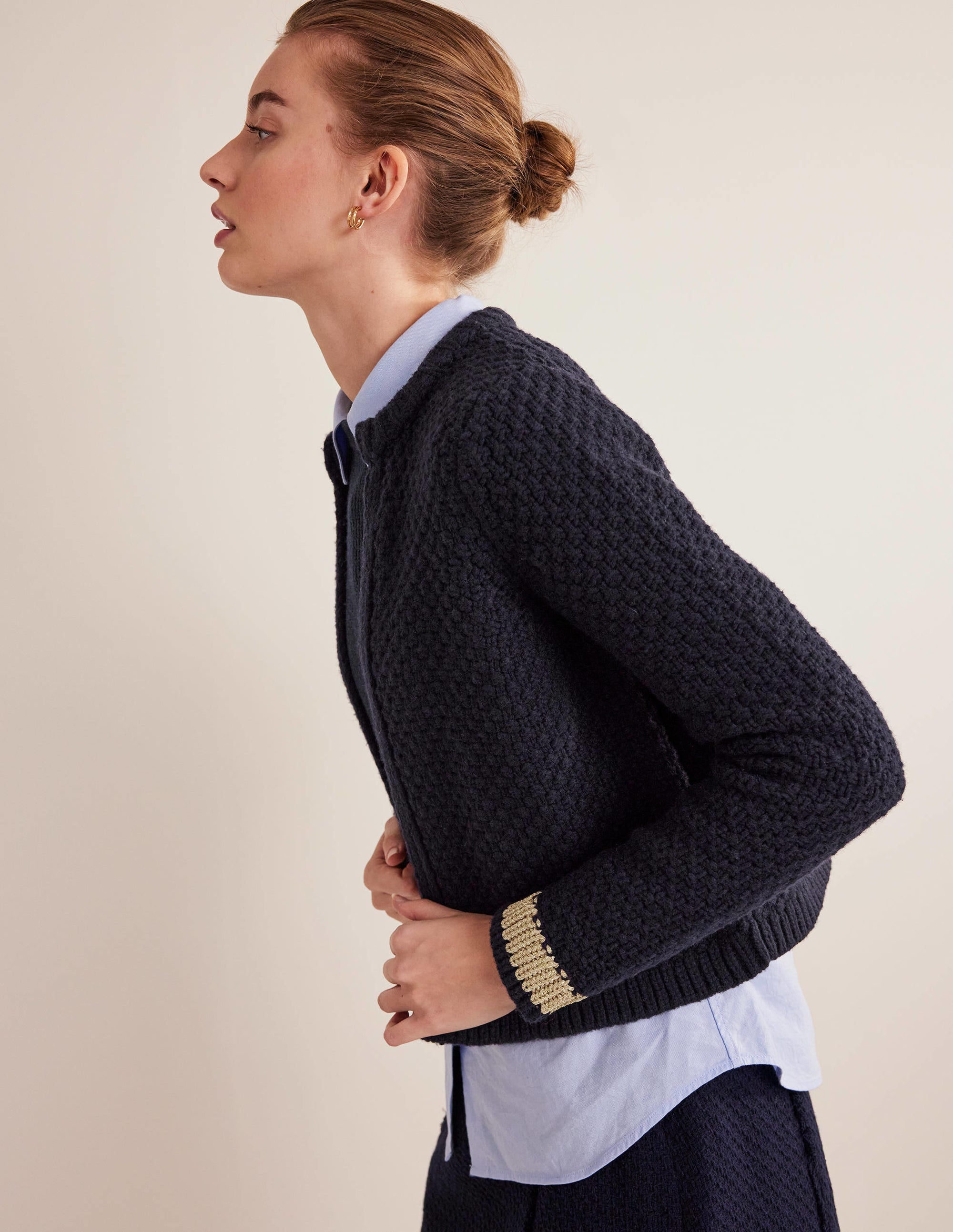 Textured Chunky Wool Cardigan-Navy, Gold - Image 1